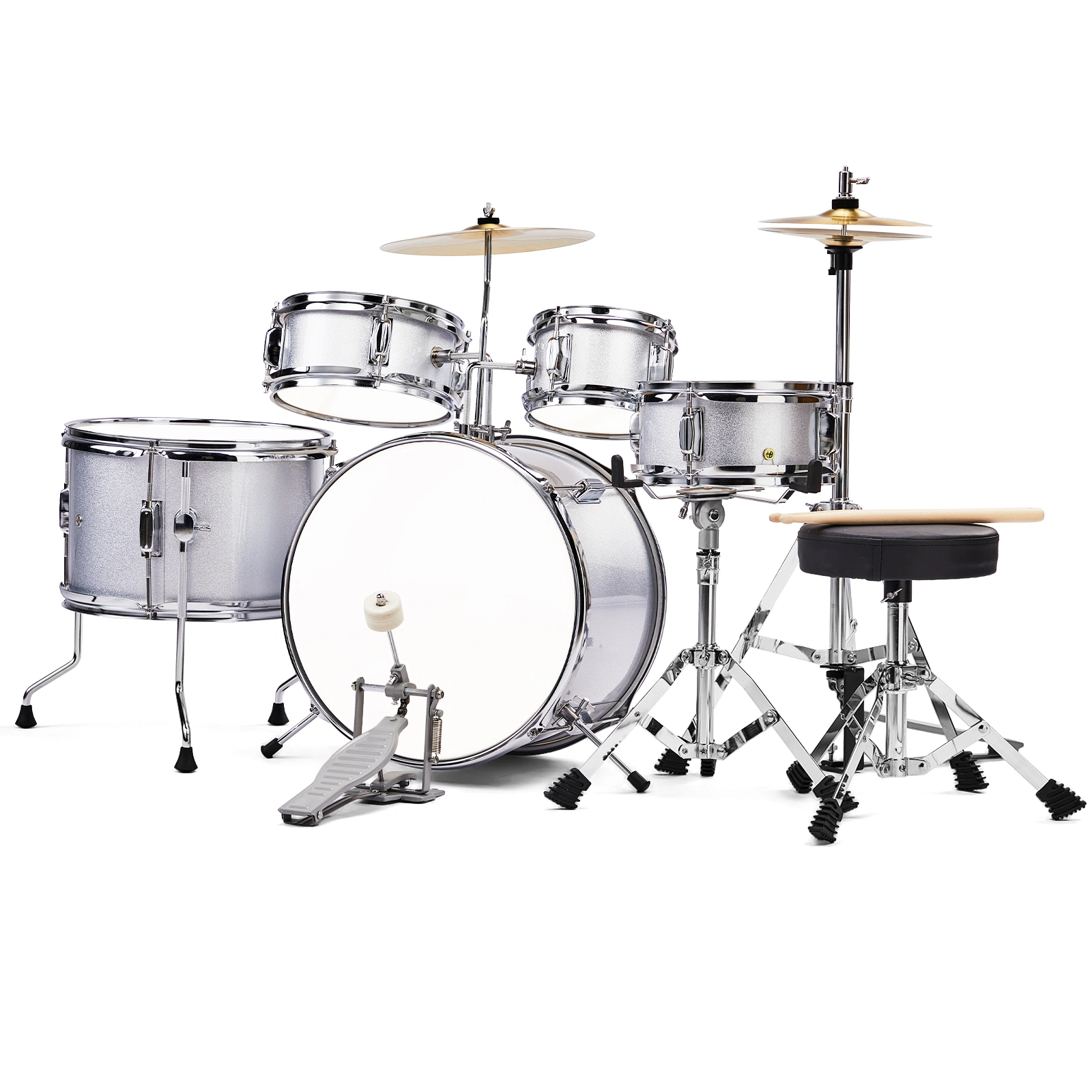 14"x10" 5-Pieces Junior Kids Drum Set Kit Pedal Drum Stick Wrench Drum Stool Silver view 6
