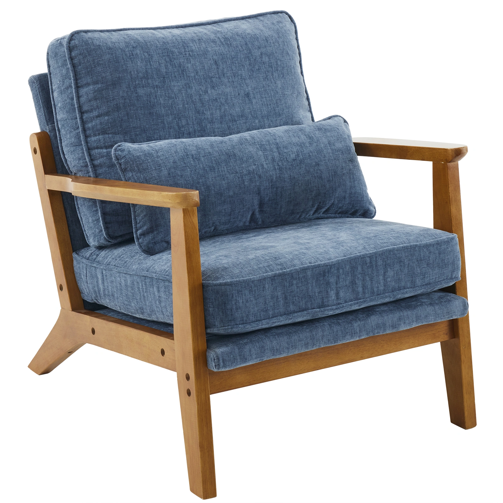 Mid-Century Accent Chair in Deep Navy Blue Chenille Upholstery, Oak Wood Frame, 330 LBS Capacity, Sturdy Indoor Lounge Armchair