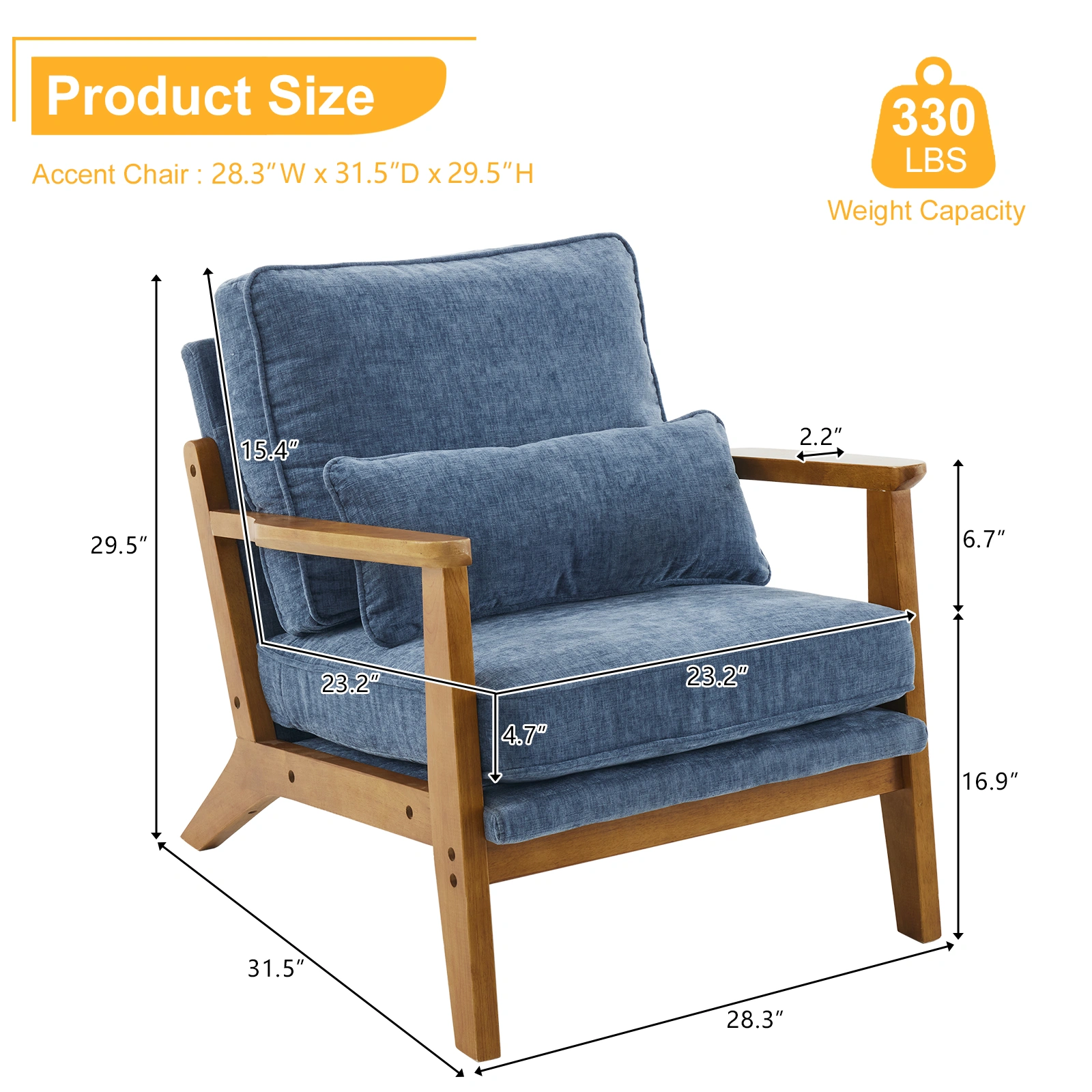 Mid-Century Accent Chair in Deep Navy Blue Chenille Upholstery, Oak Wood Frame, 330 LBS Capacity, Sturdy Indoor Lounge Armchair view 3