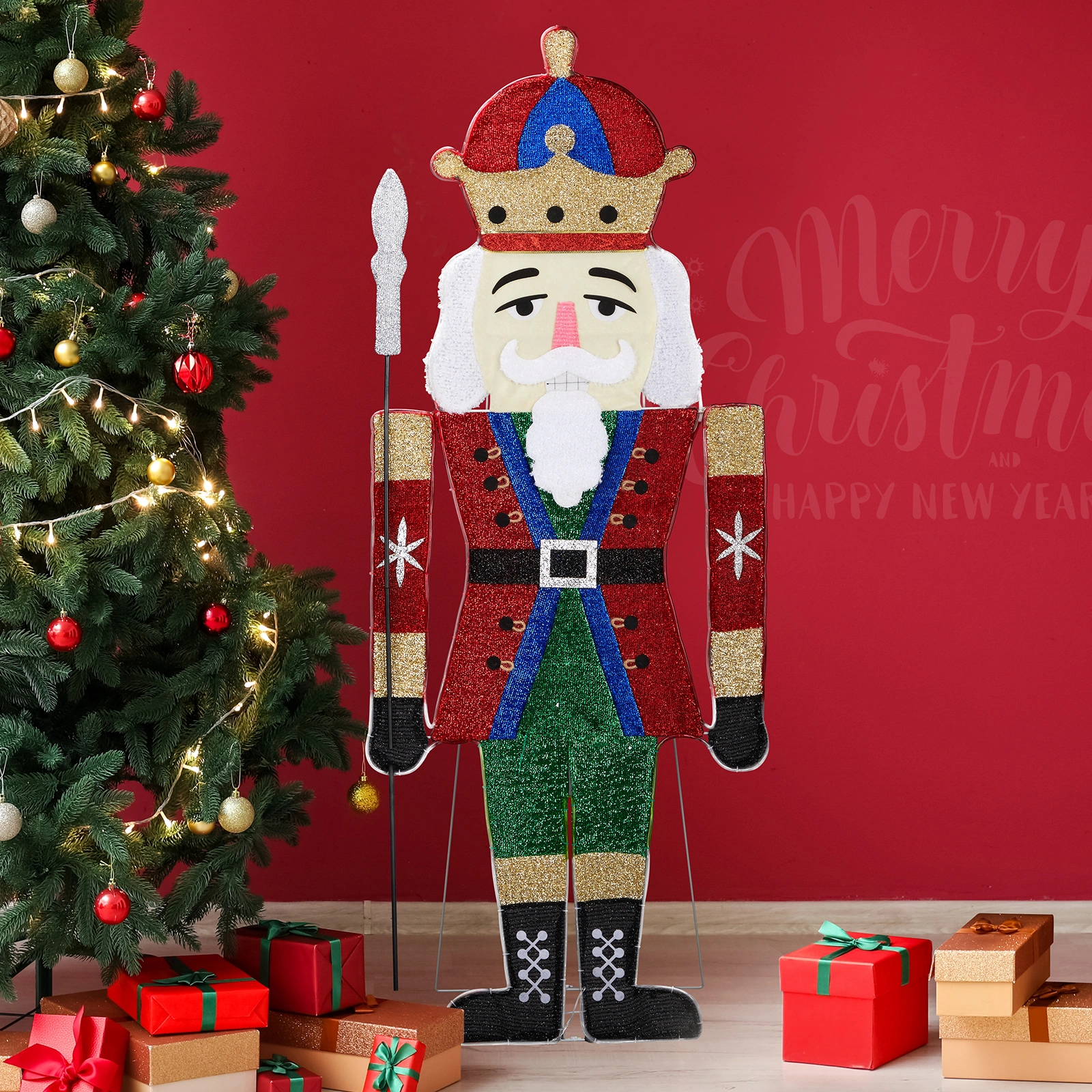 Lighted Nutcracker Christmas Yard Decor, 2D Soldier with 162 LED Warm White Lights, Stakes, Outdoor Indoor Holiday Decor view 3
