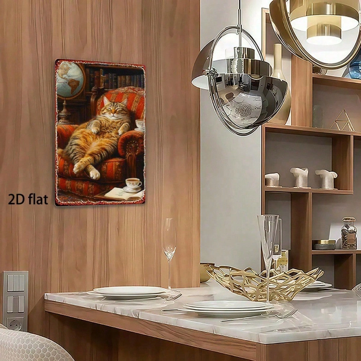 CIFbuy Vintage Cat In Armchair Metal Wall Art, 8x" Inch Rustic Iron Hanging Decor With Bookshelf & Teacup, Teacup, 2D Flat Retro Home Wall Sig view 2
