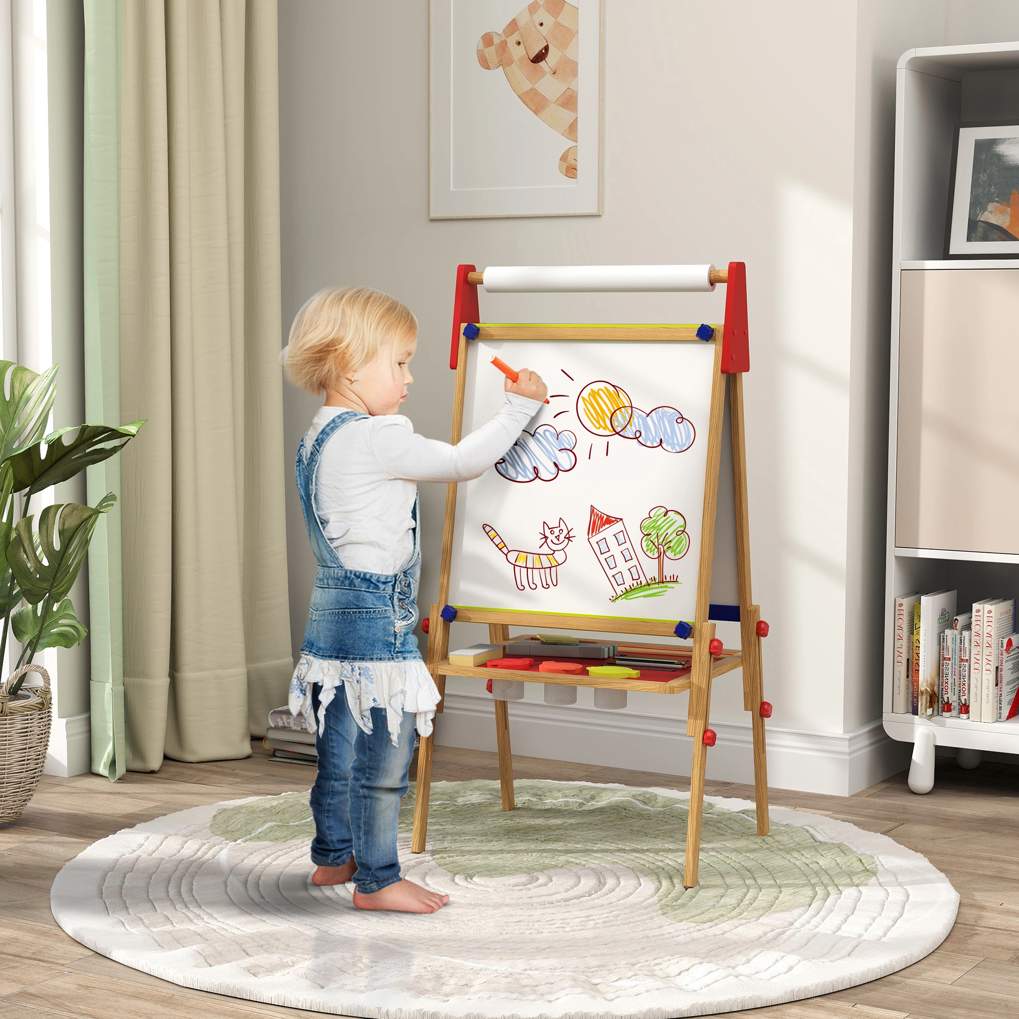 Kids Art Easel, Double-Sided Drawing Board with Paper Roll & Storage Tray, Adjustable Height, Sturdy Wooden Easel for Toddlers & Children