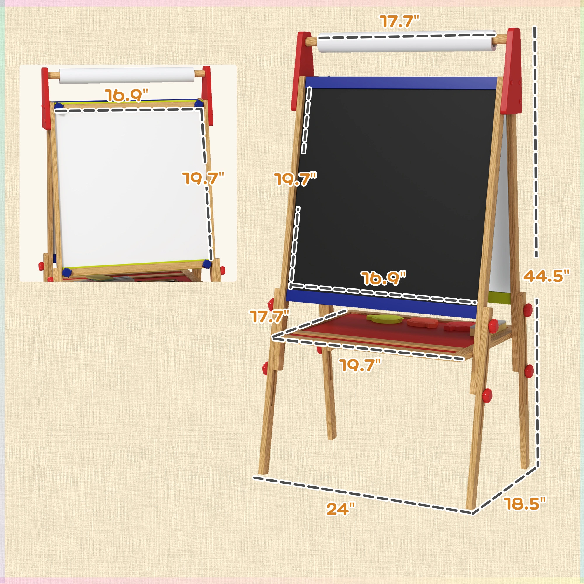 Kids Art Easel, Double-Sided Drawing Board with Paper Roll & Storage Tray, Adjustable Height, Sturdy Wooden Easel for Toddlers & Children view 2