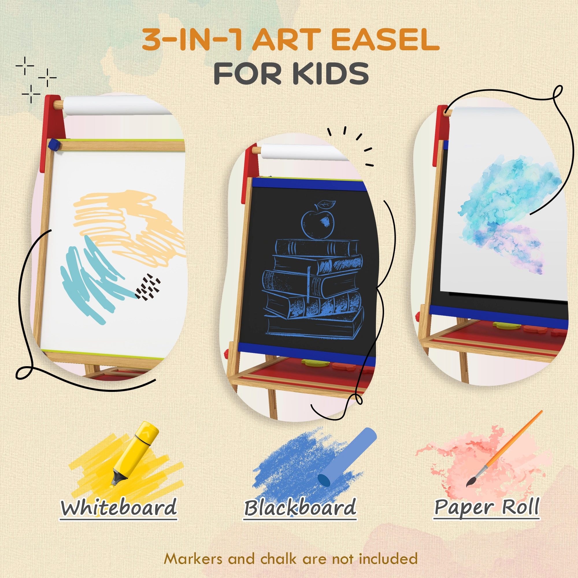 Kids Art Easel, Double-Sided Drawing Board with Paper Roll & Storage Tray, Adjustable Height, Sturdy Wooden Easel for Toddlers & Children view 3
