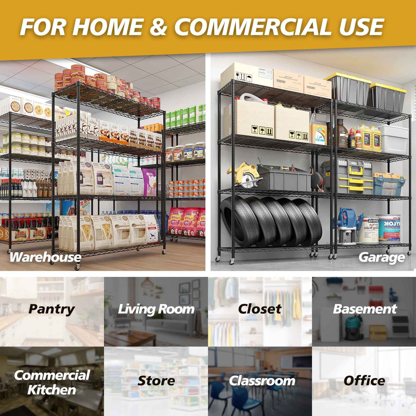 Heavy Duty Storage Shelves 46.06" W Wire Shelving Unit with Wheels 800LBS NSF Metal Shelves for Storage Adjustable Garage Storage Rack Pantry Shelf Commercial Shelving, 64.96" H X 46.06''W X 17.7" D view 14