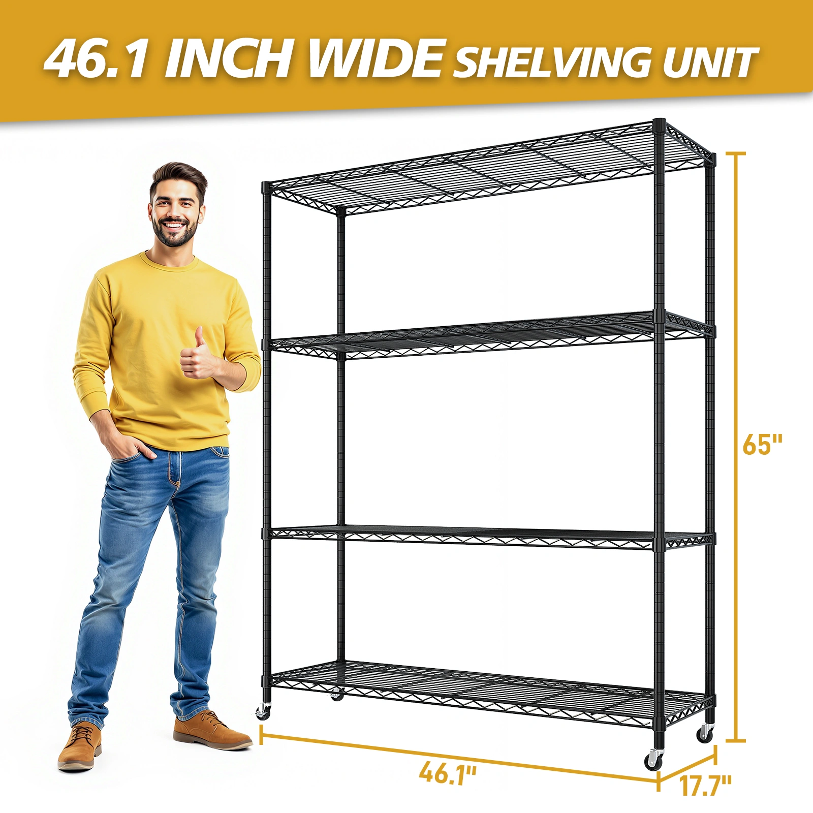Heavy Duty Storage Shelves 46.06" W Wire Shelving Unit with Wheels 800LBS NSF Metal Shelves for Storage Adjustable Garage Storage Rack Pantry Shelf Commercial Shelving, 64.96" H X 46.06''W X 17.7" D view 8