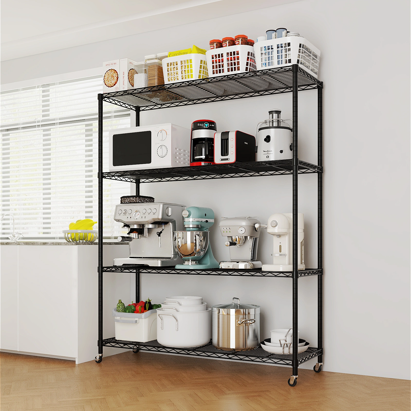Heavy Duty Storage Shelves 46.06" W Wire Shelving Unit with Wheels 800LBS NSF Metal Shelves for Storage Adjustable Garage Storage Rack Pantry Shelf Commercial Shelving, 64.96" H X 46.06''W X 17.7" D view 9
