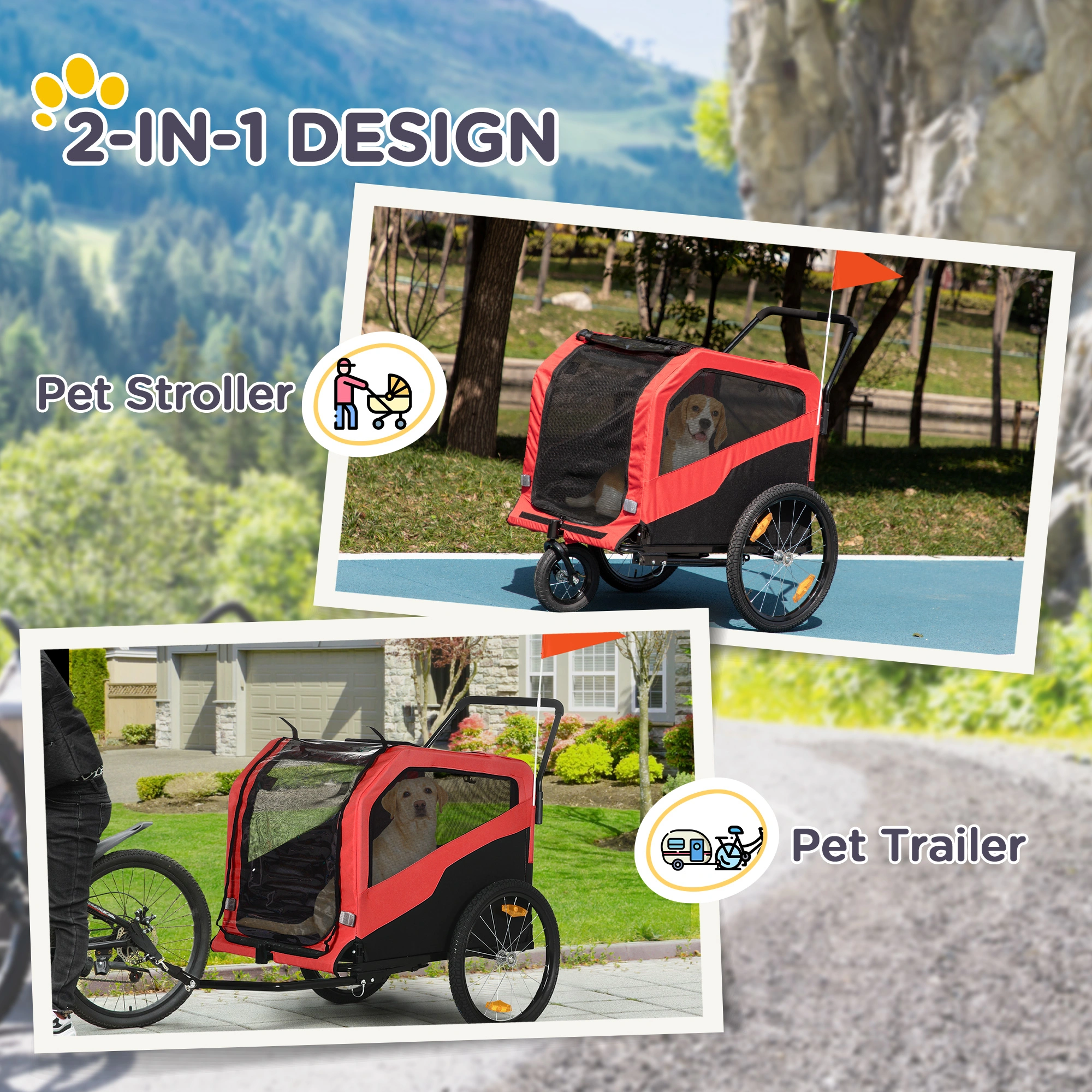 Pet Bicycle Cart for Dogs and Cats, Folding Wheeled Trailer with Mesh Window, Safe Secure Pet Transport, Collapsible Dog Cart for Outdoor Adventure view 3