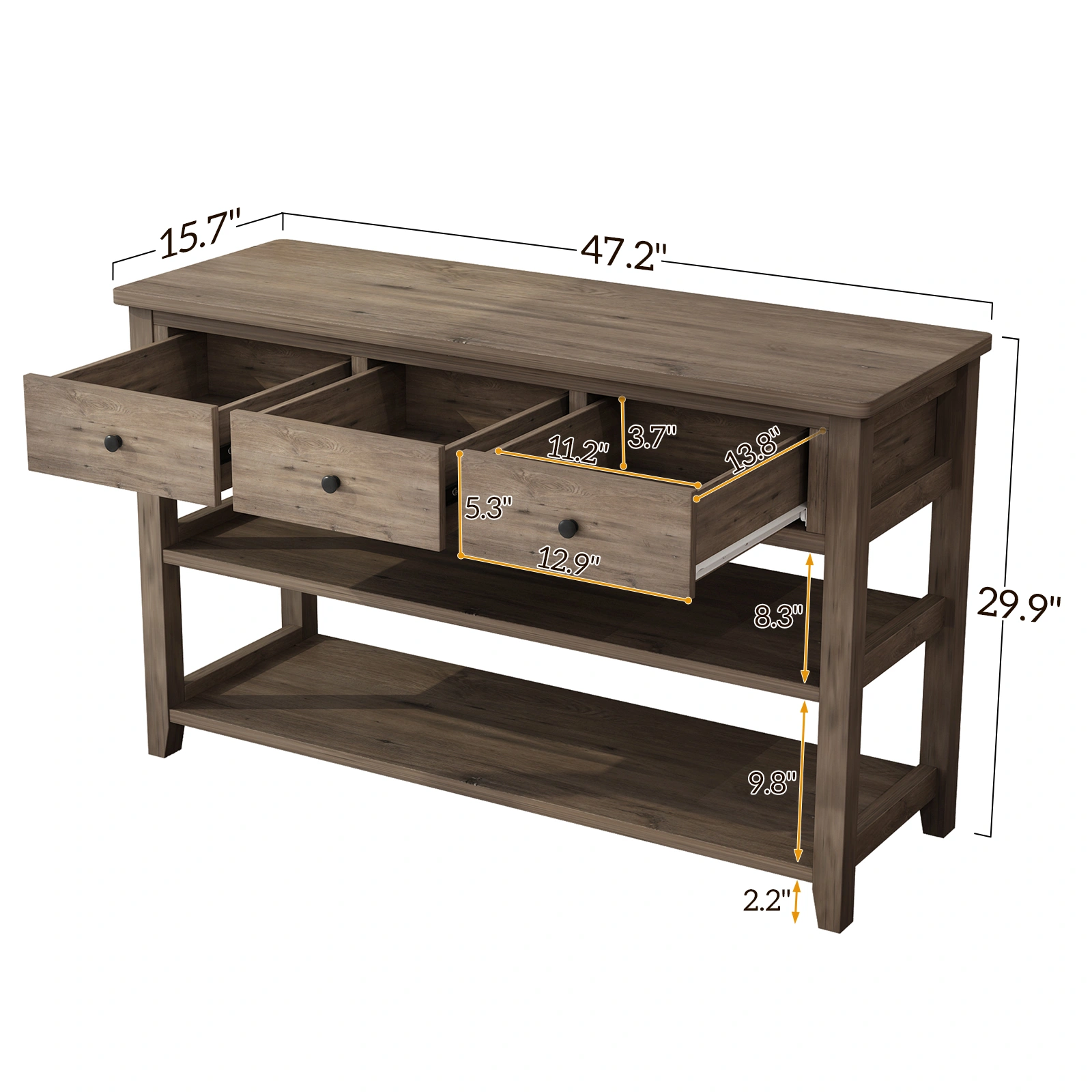 Console Table with Wood Frame and Legs, Sofa Table Entryway Table with 3 Drawers and 2 Open Shelves Wash Gray view 11