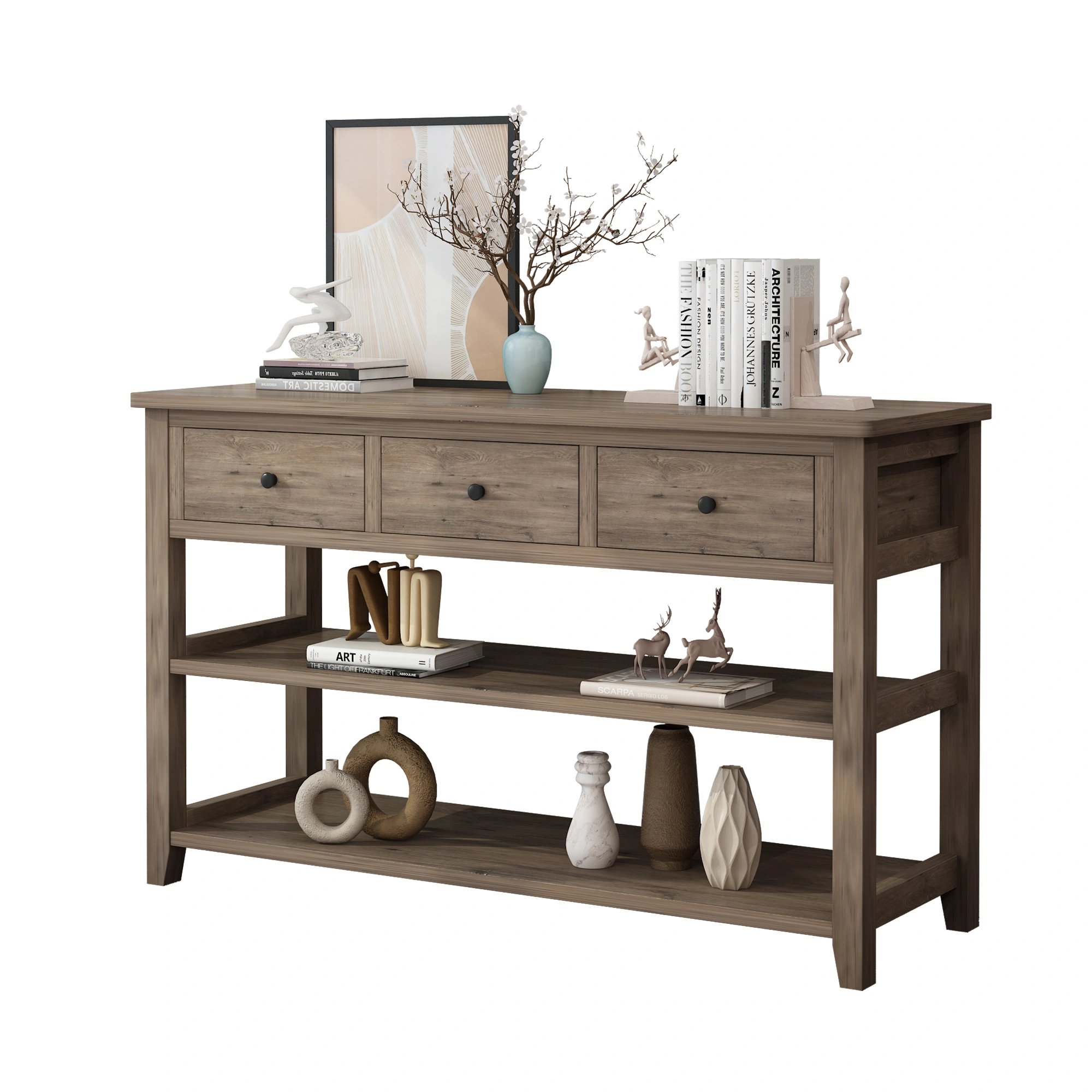 Console Table with Wood Frame and Legs, Sofa Table Entryway Table with 3 Drawers and 2 Open Shelves Wash Gray view 4