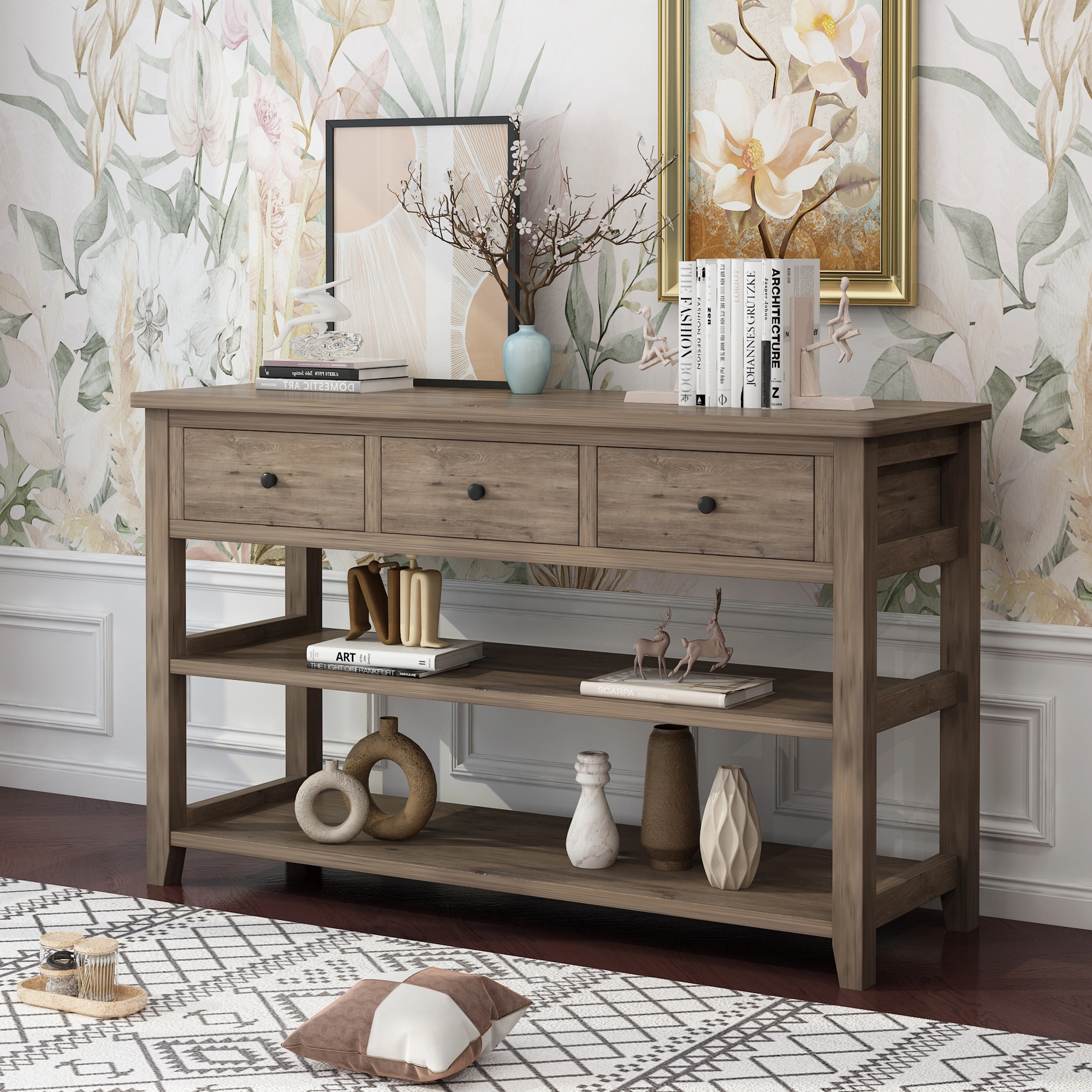 Console Table with Wood Frame and Legs, Sofa Table Entryway Table with 3 Drawers and 2 Open Shelves Wash Gray view 5