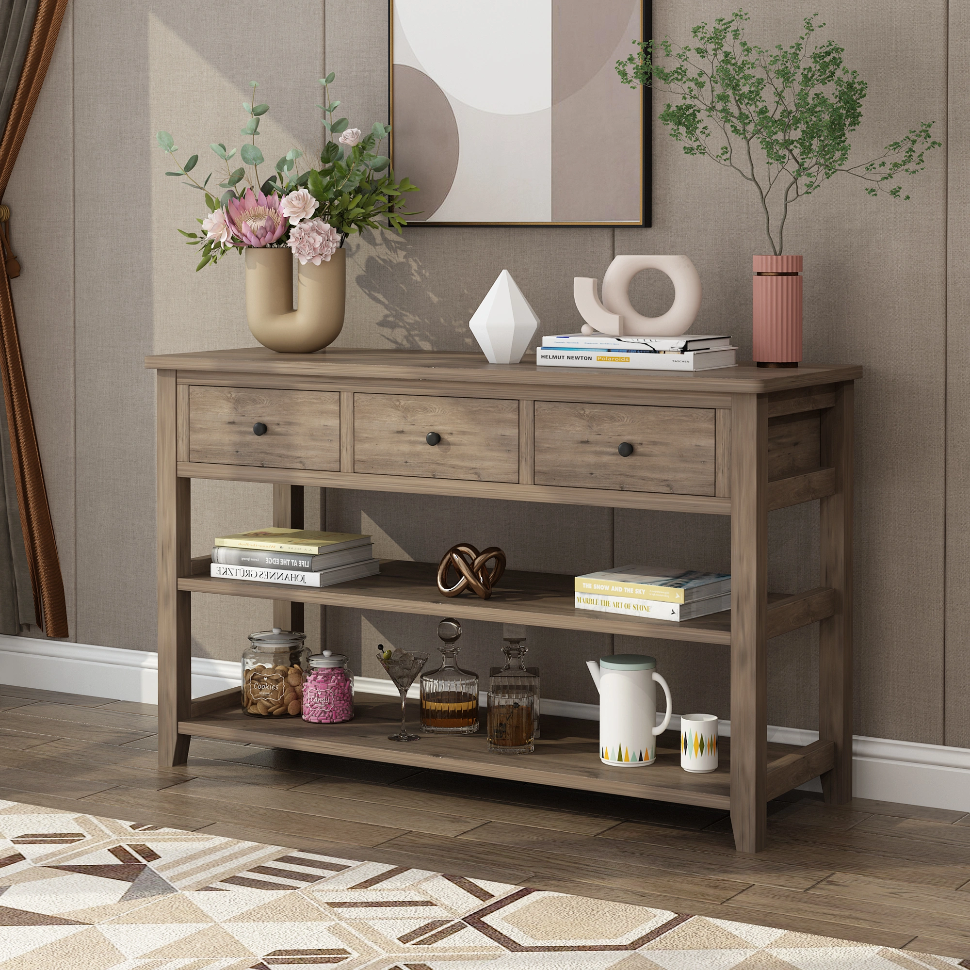 Console Table with Wood Frame and Legs, Sofa Table Entryway Table with 3 Drawers and 2 Open Shelves Wash Gray view 6