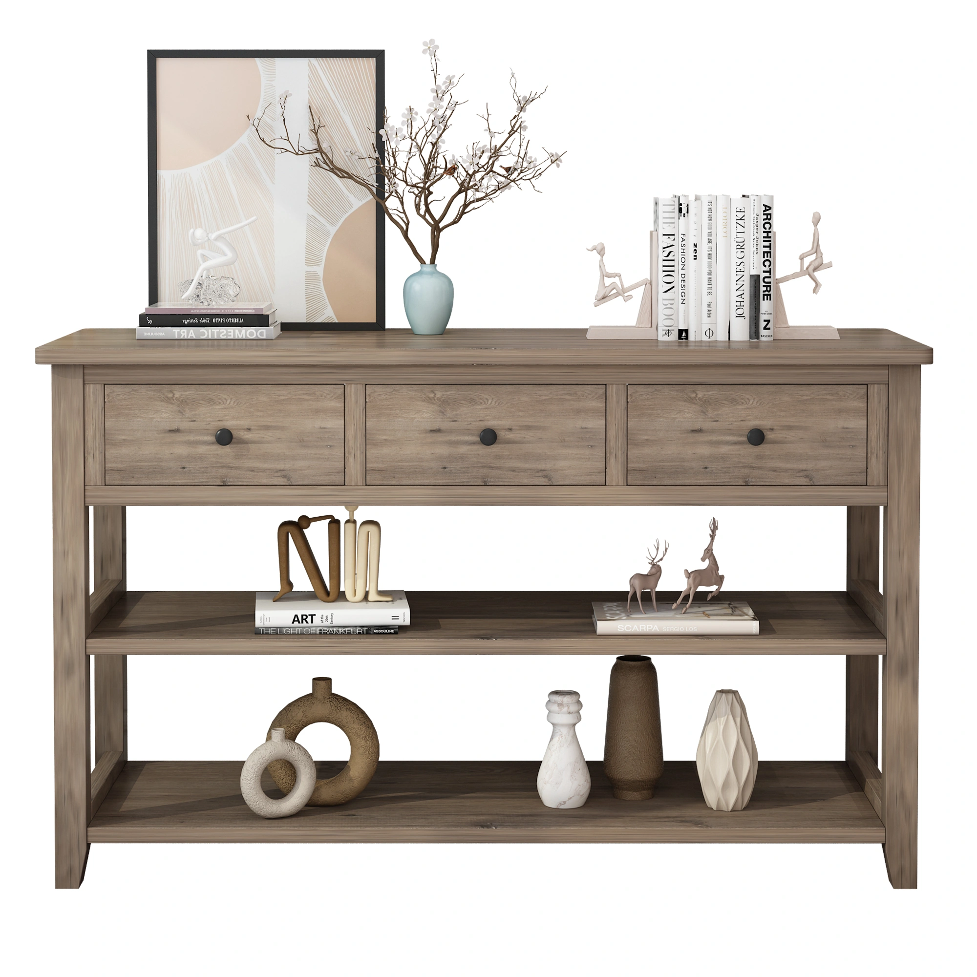Console Table with Wood Frame and Legs, Sofa Table Entryway Table with 3 Drawers and 2 Open Shelves Wash Gray view 7