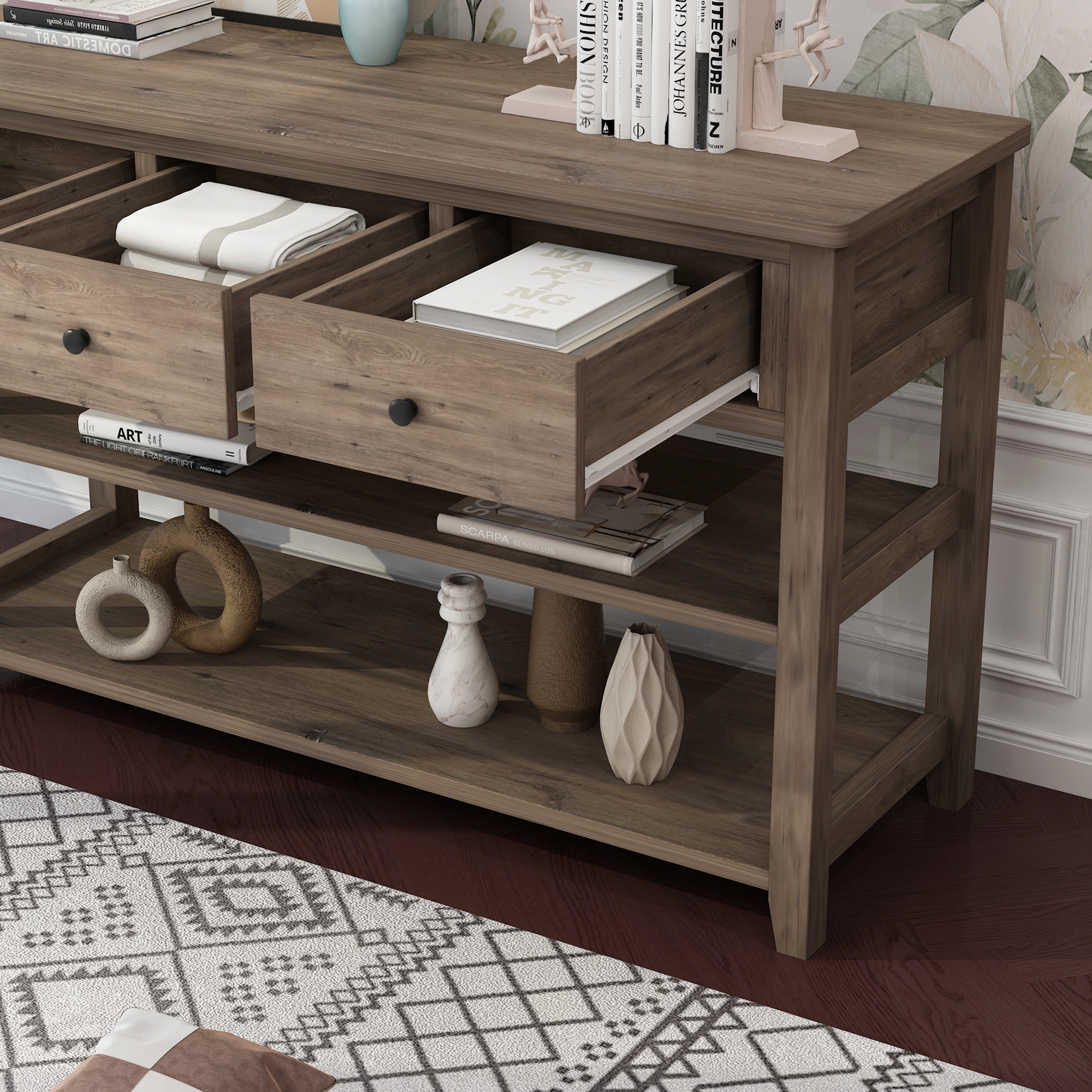 Console Table with Wood Frame and Legs, Sofa Table Entryway Table with 3 Drawers and 2 Open Shelves Wash Gray view 9