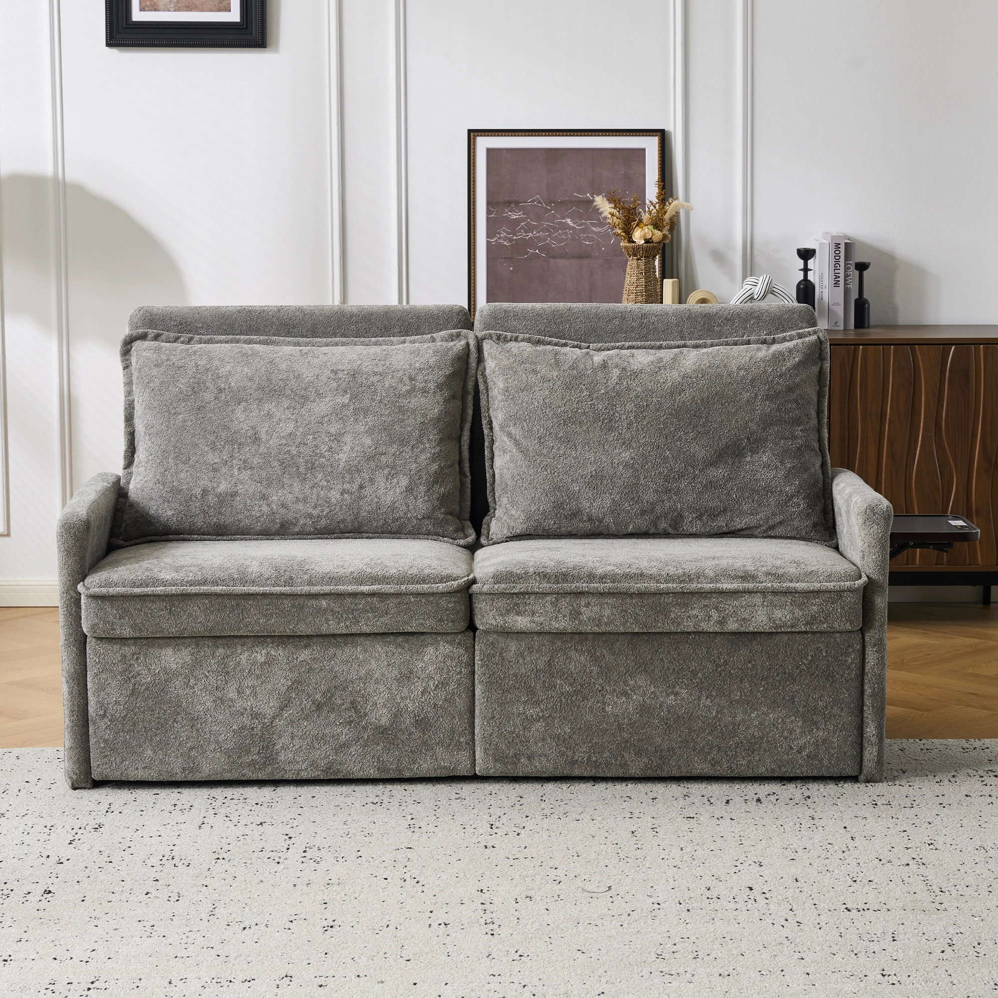 Sofa with Sleep Function Sleep Sofa with Cushions and USB, 3-in-1 Sofa&Couch with 5-Stage Adjustable Backrest, Foldable Sofa Bed with Storage, Chenille, Grey view 2