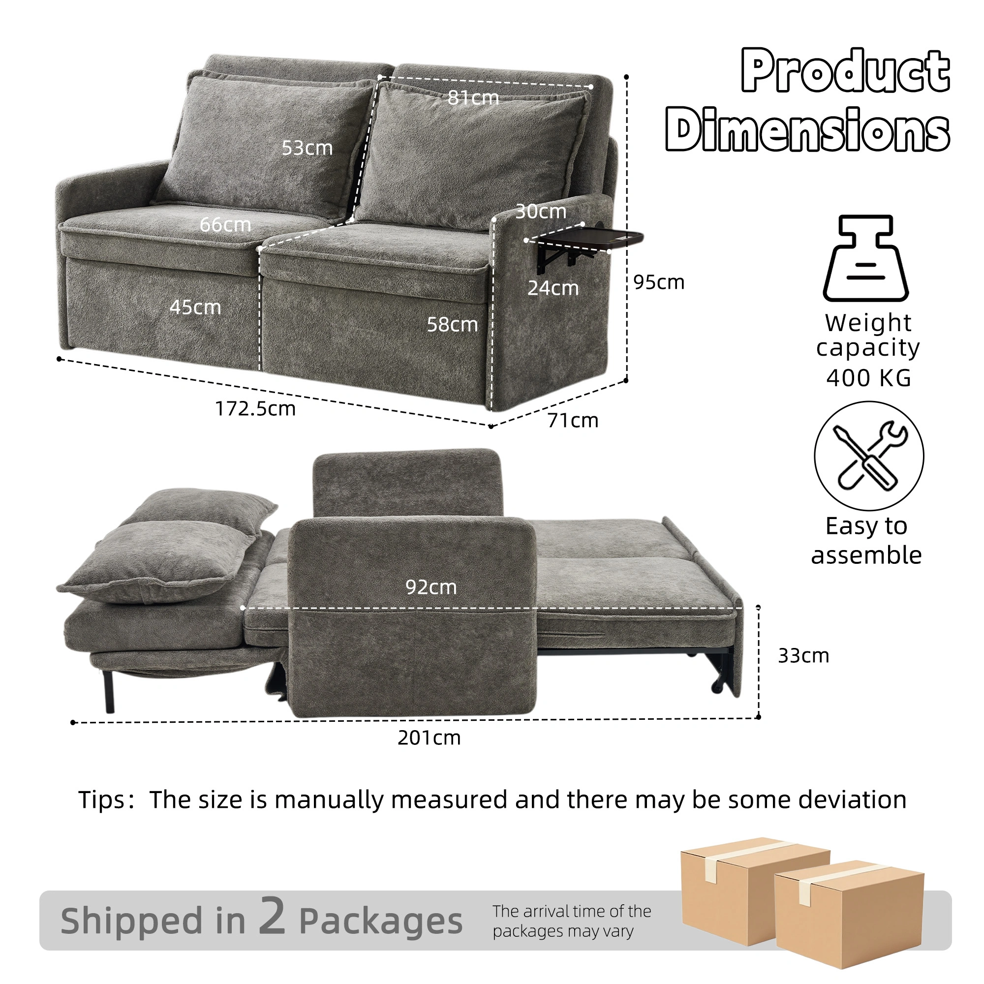 Sofa with Sleep Function Sleep Sofa with Cushions and USB, 3-in-1 Sofa&Couch with 5-Stage Adjustable Backrest, Foldable Sofa Bed with Storage, Chenille, Grey view 3