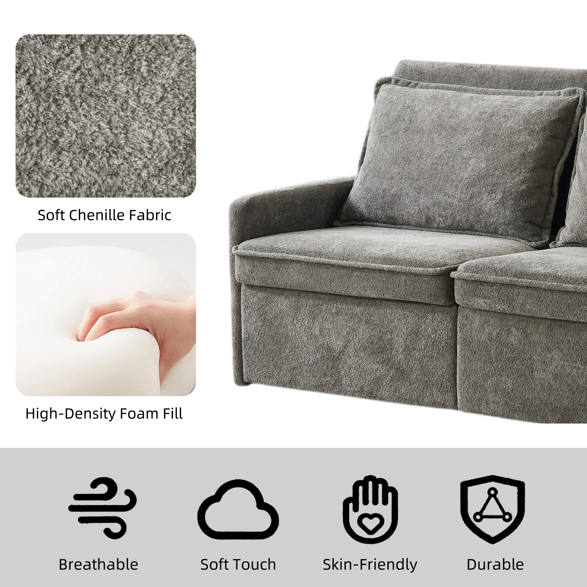 Sofa with Sleep Function Sleep Sofa with Cushions and USB, 3-in-1 Sofa&Couch with 5-Stage Adjustable Backrest, Foldable Sofa Bed with Storage, Chenille, Grey view 4