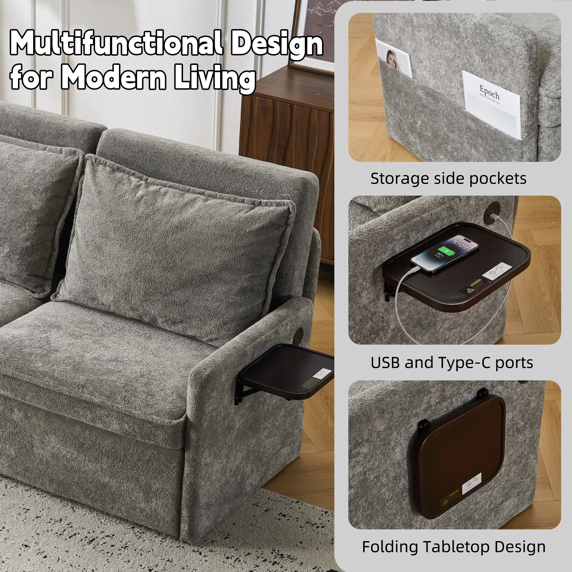 Sofa with Sleep Function Sleep Sofa with Cushions and USB, 3-in-1 Sofa&Couch with 5-Stage Adjustable Backrest, Foldable Sofa Bed with Storage, Chenille, Grey view 5