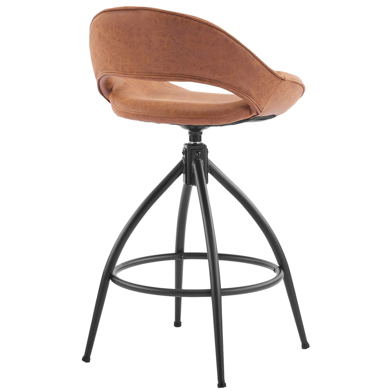 2PCS Brown PU Leather Bar Stool Hollow Backrest Swivel Seat Bent Iron Legs Spray-Coated Feet Commercial Grade