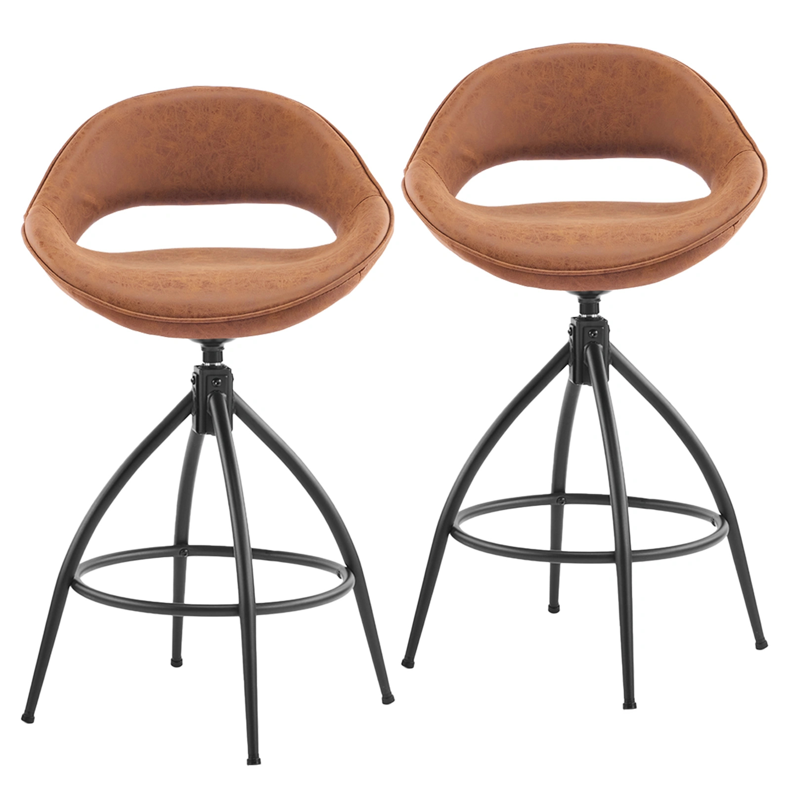 2PCS Brown PU Leather Bar Stool Hollow Backrest Swivel Seat Bent Iron Legs Spray-Coated Feet Commercial Grade view 2