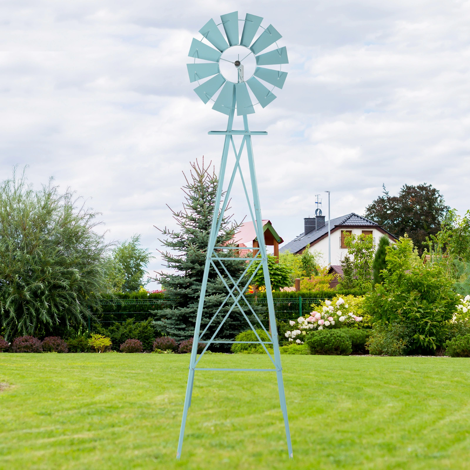8FT Weather Resistant Yard Garden Windmill Blue view 29