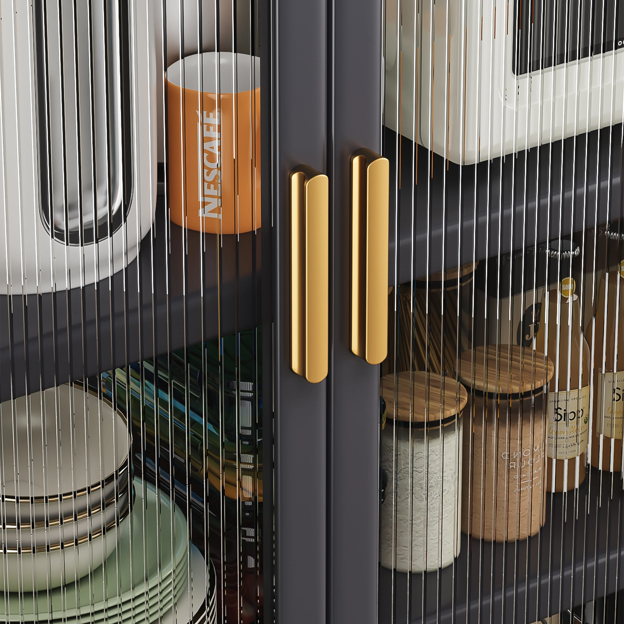 **Grey Floor-to-Ceiling Open-Door Kitchen Storage Cabinet - Multilevel Shelves for Microwave, Bowls & Dishes** - consolidated redundant "cabinets" mentions view 3
