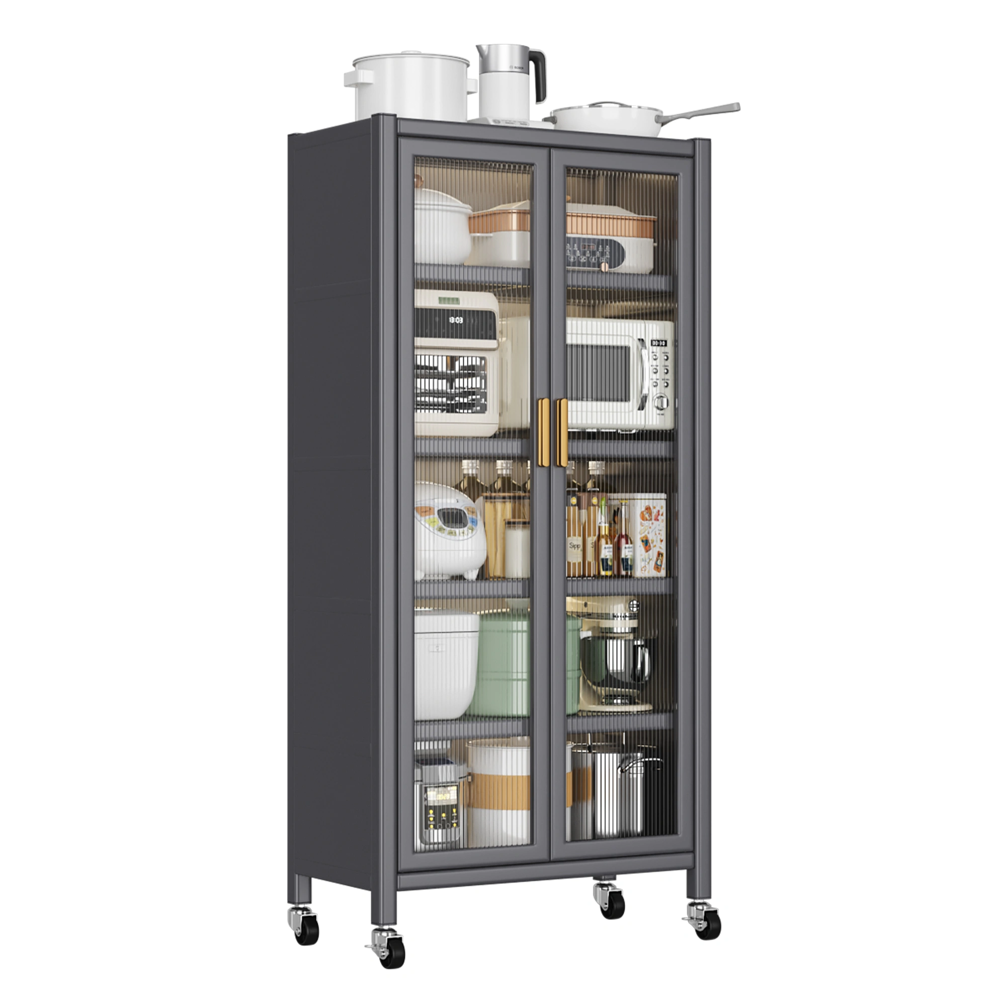 **Grey Floor-to-Ceiling Open-Door Kitchen Storage Cabinet - Multilevel Shelves for Microwave, Bowls & Dishes** - consolidated redundant "cabinets" mentions view 5