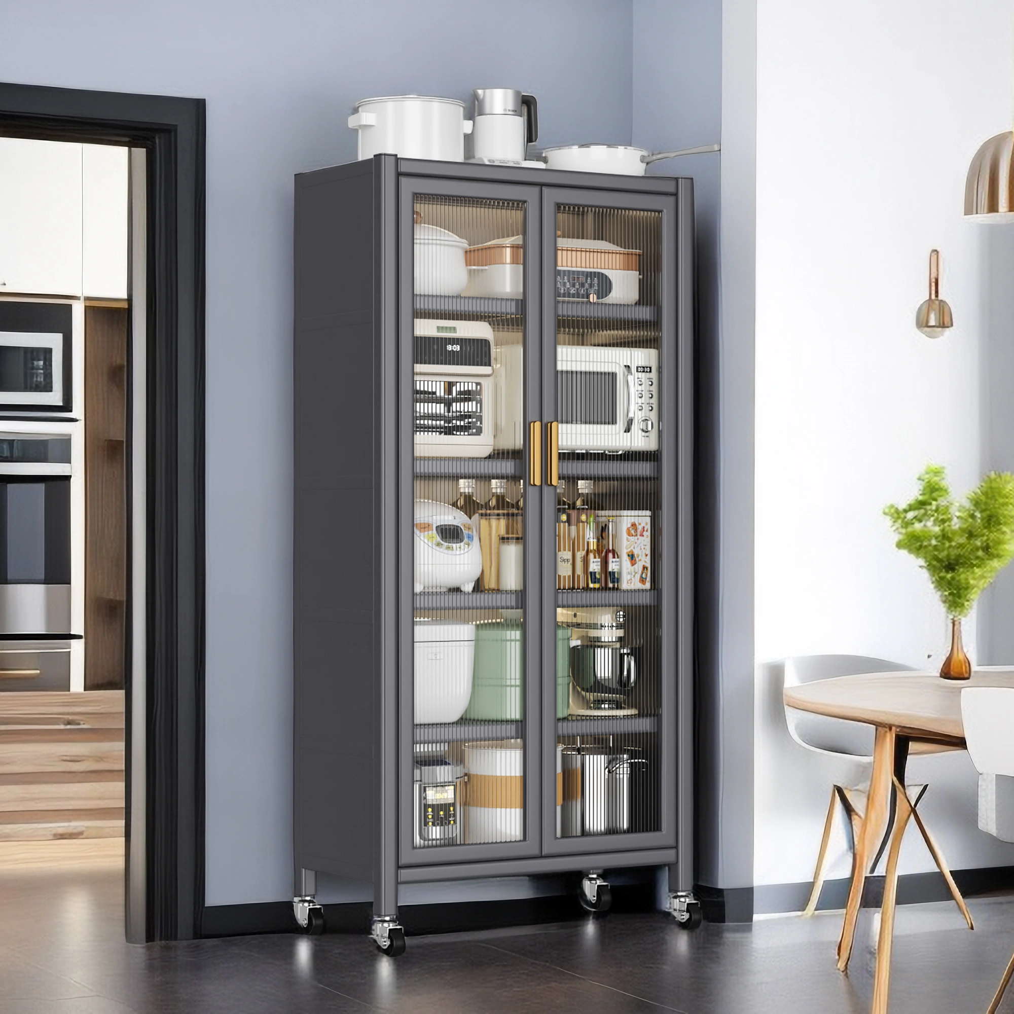 **Grey Floor-to-Ceiling Open-Door Kitchen Storage Cabinet - Multilevel Shelves for Microwave, Bowls & Dishes** - consolidated redundant "cabinets" mentions view 6