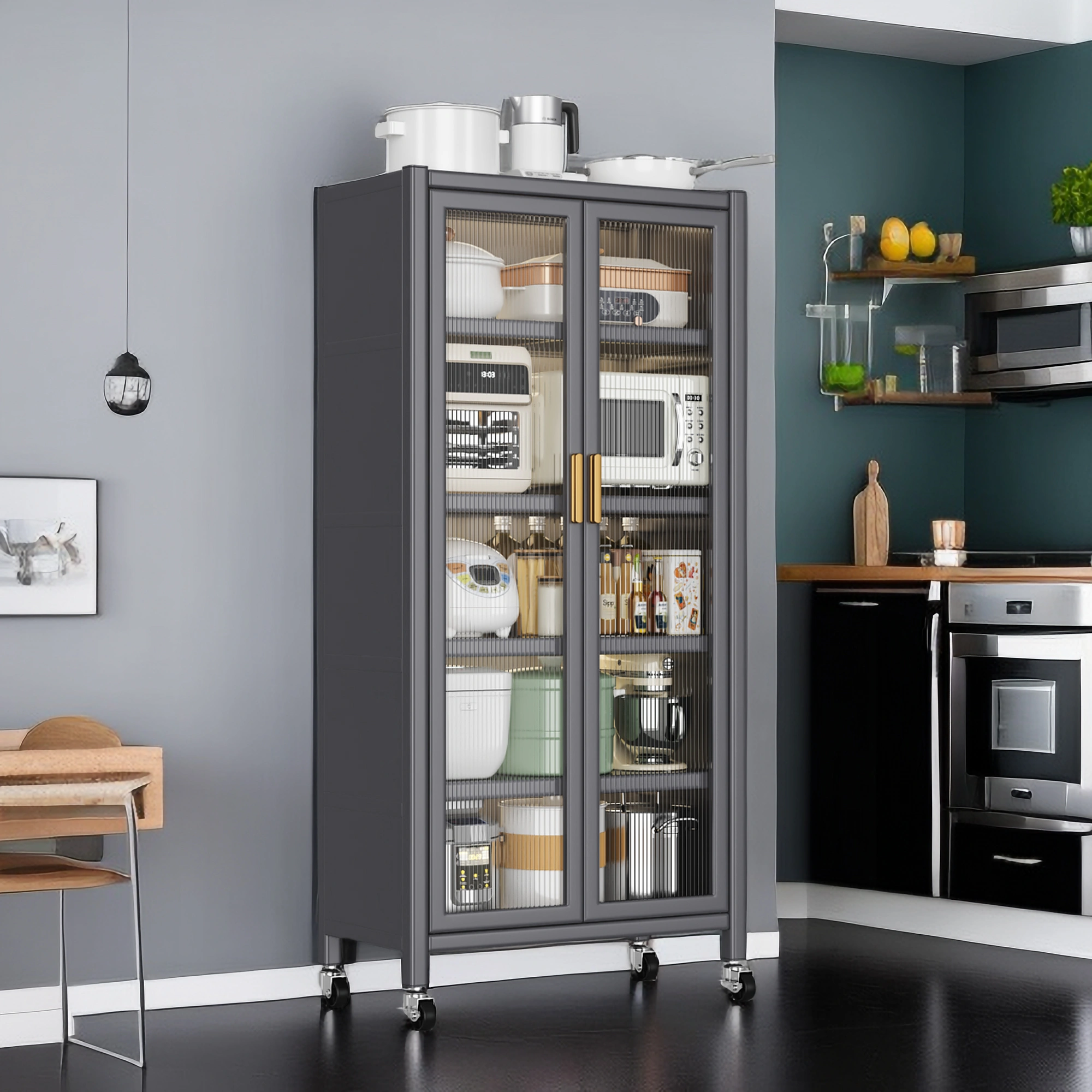 **Grey Floor-to-Ceiling Open-Door Kitchen Storage Cabinet - Multilevel Shelves for Microwave, Bowls & Dishes** - consolidated redundant "cabinets" mentions view 7