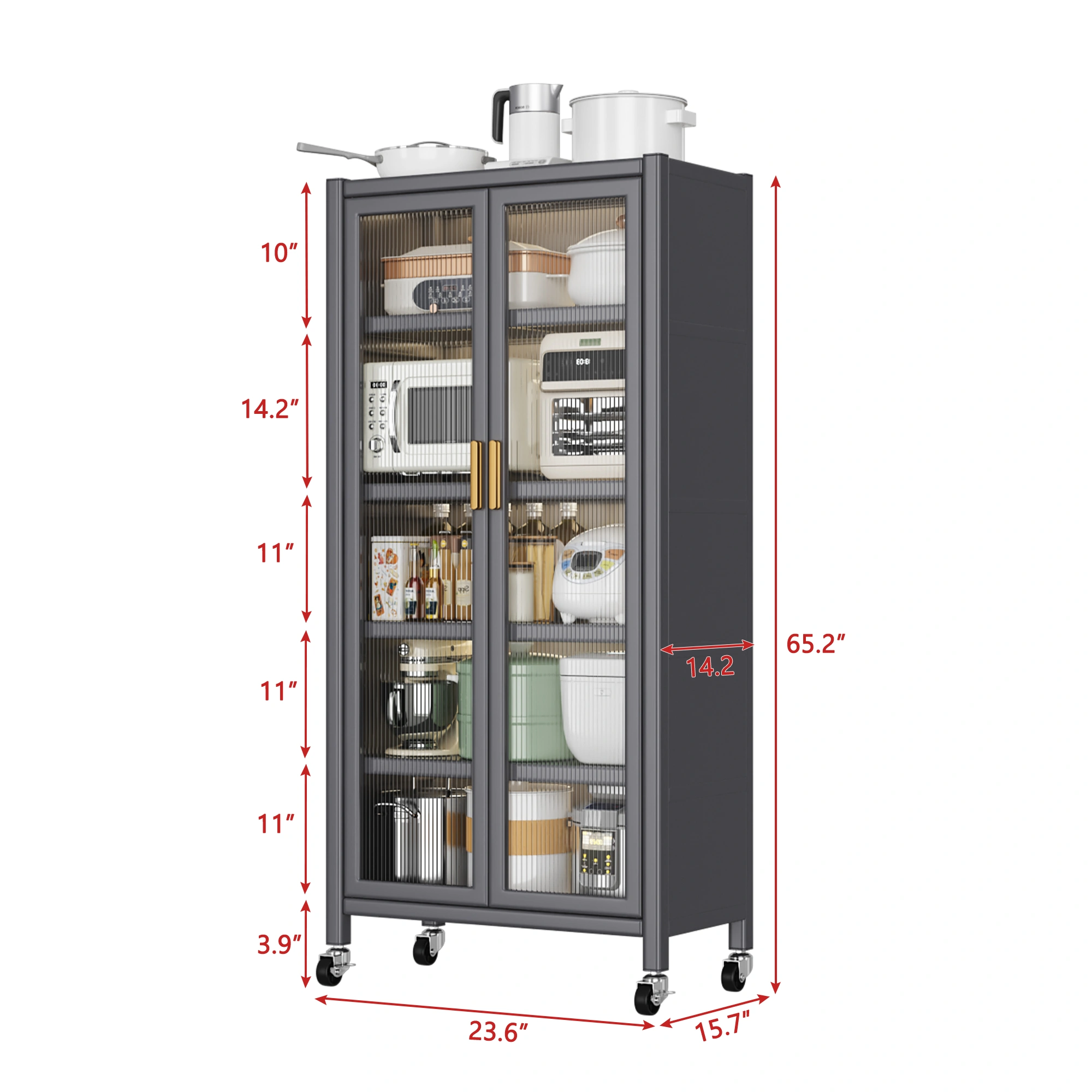 **Grey Floor-to-Ceiling Open-Door Kitchen Storage Cabinet - Multilevel Shelves for Microwave, Bowls & Dishes** - consolidated redundant "cabinets" mentions view 8