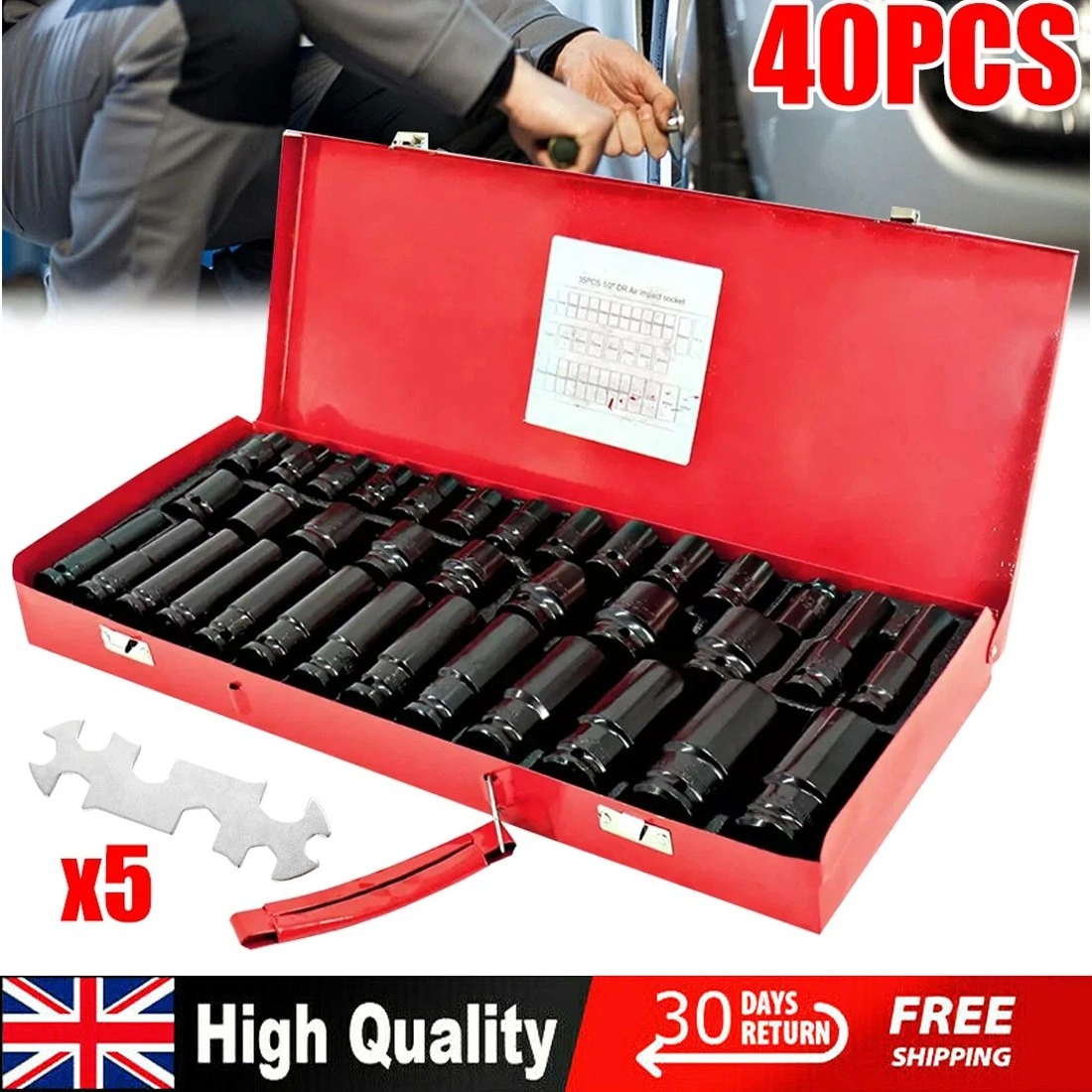 Heavy Duty 40 Piece Deep Impact Socket Set 1/2" Drive Metric 8-32mm for Car Truck