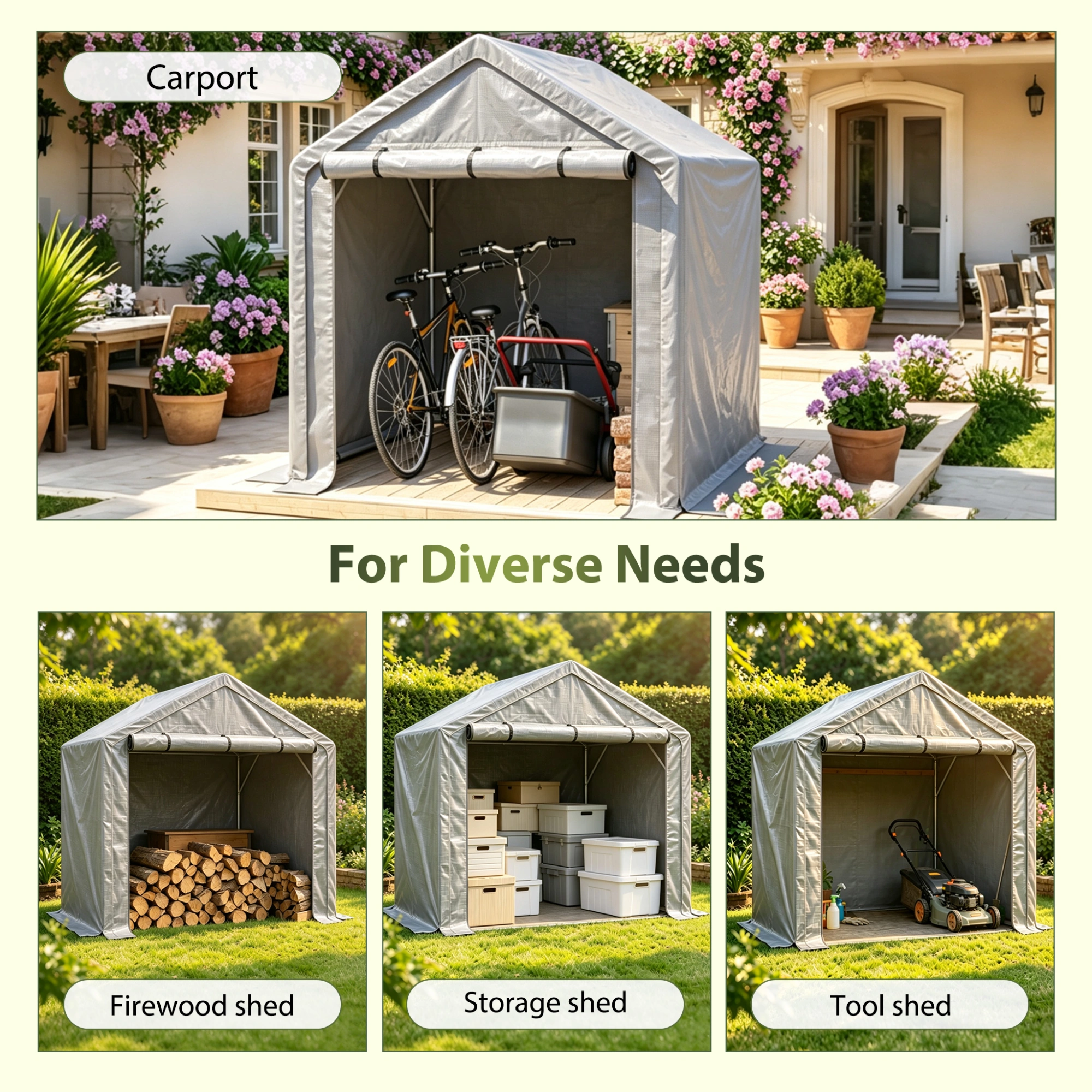 75x67x79 Inch Carport, Heavy Duty Steel Frame Outdoor Garage, Waterproof PE Tarpaulin, UV Resistant Shelter for Car, Firewood, Tools Storage view 4