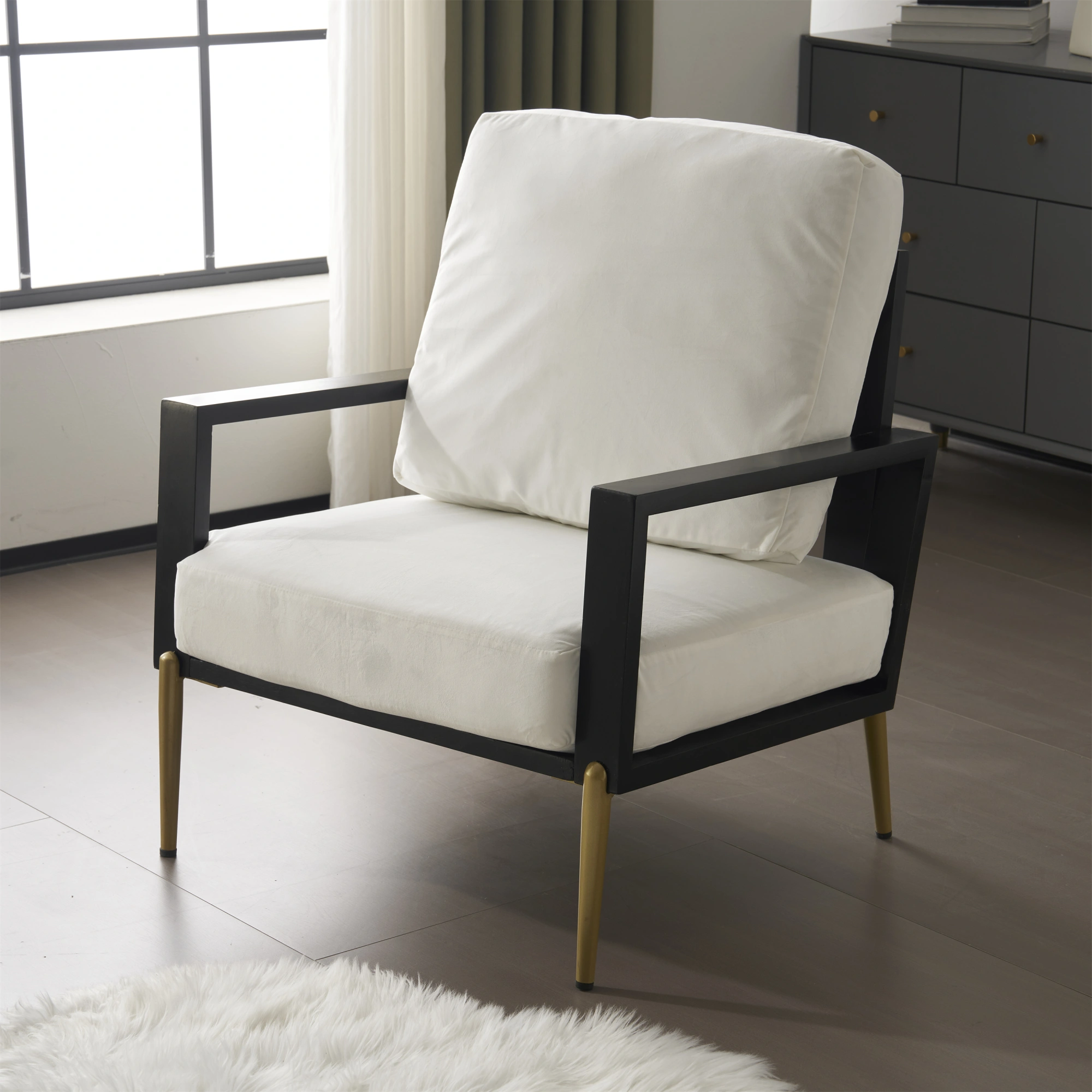 White Upholstered Armchair Modern Minimalist Low Back Accent Chair with Gold Metal Legs, Rubberwood Frame Wide Armrests Living Room Balcony view 22