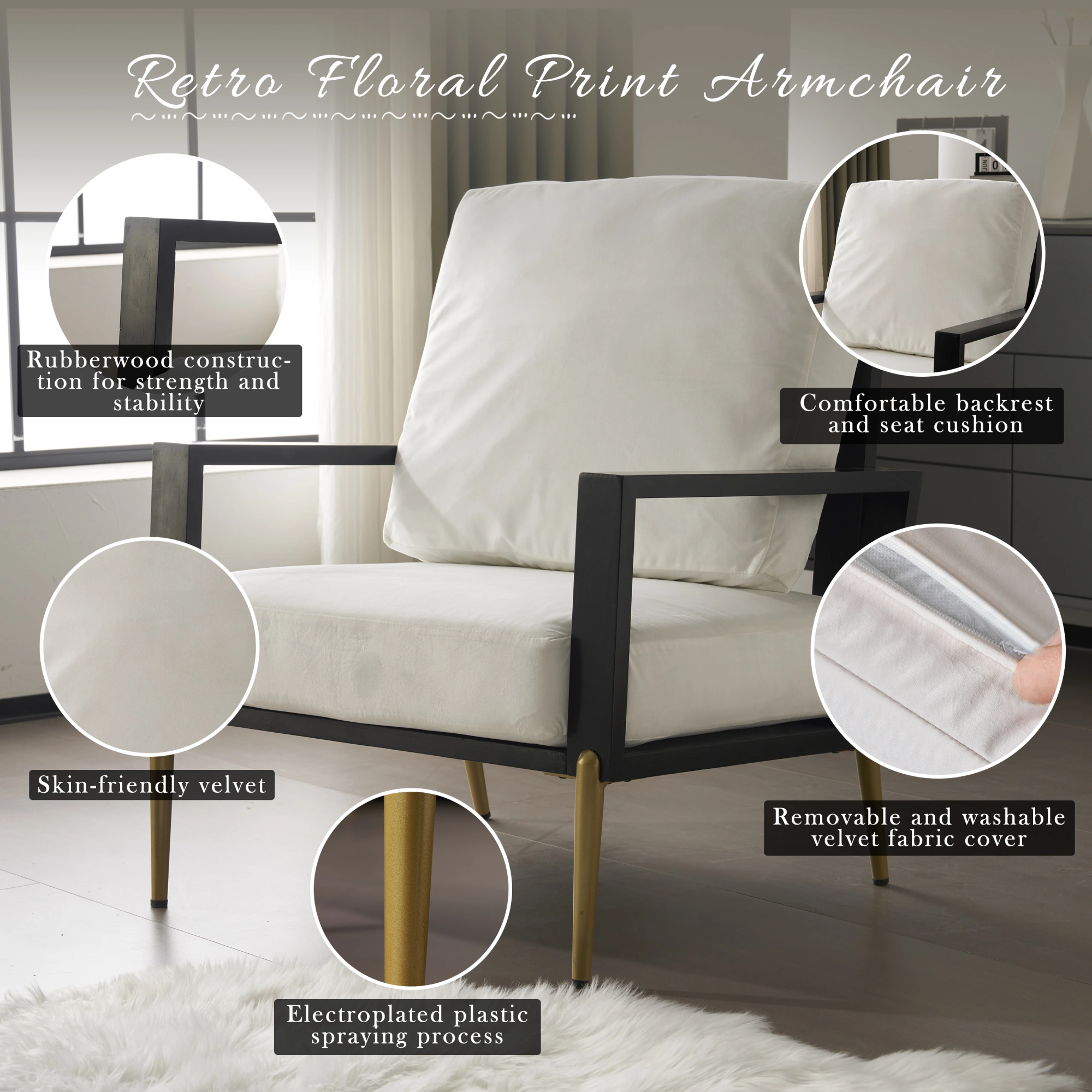White Upholstered Armchair Modern Minimalist Low Back Accent Chair with Gold Metal Legs, Rubberwood Frame Wide Armrests Living Room Balcony view 5