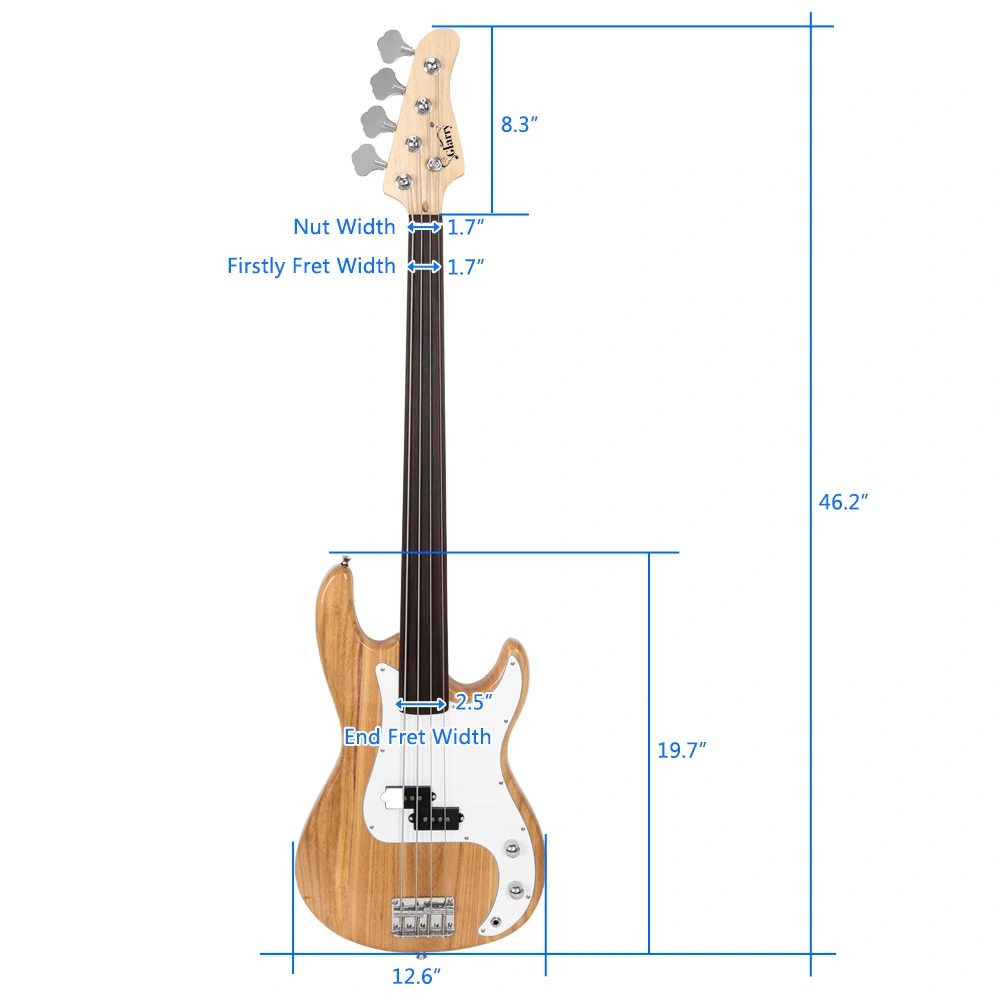 Fretless Electric Bass Guitar Full Size 4 String for experienced Bass Players Cord Wrench Tool Burlywood view 13