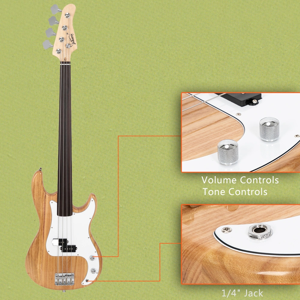 Fretless Electric Bass Guitar Full Size 4 String for experienced Bass Players Cord Wrench Tool Burlywood view 19