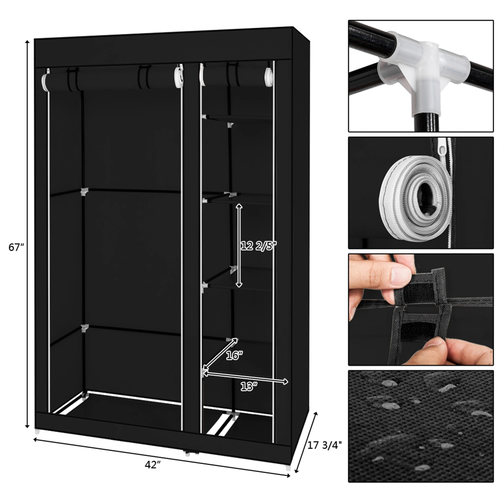 67" Portable Wardrobe Closet w/Non-Woven Fabric & Hanging Rod Easy Assemble Black view 11