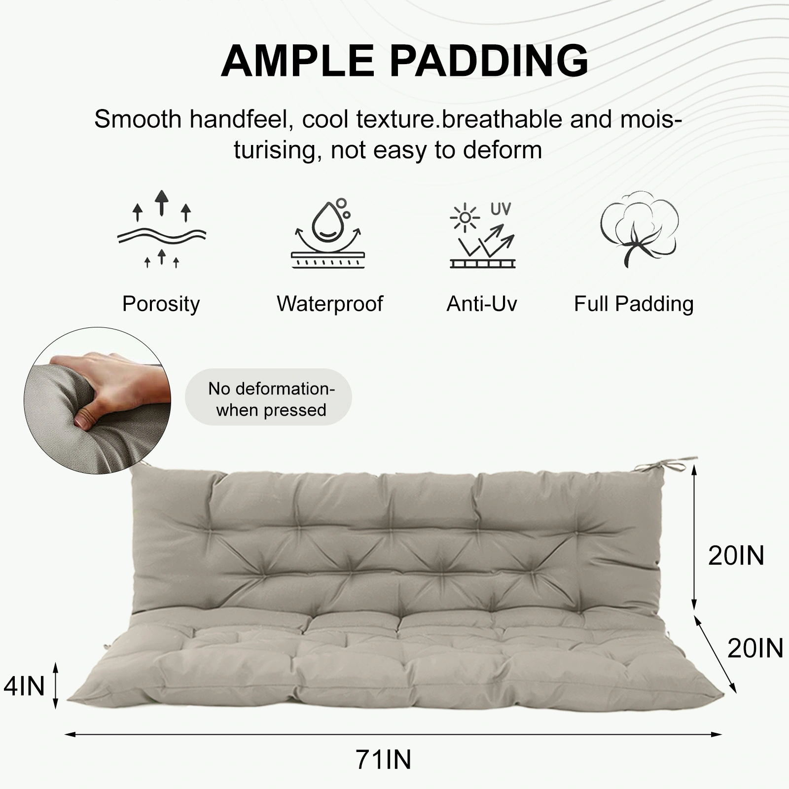 Outdoor Swing Cushions 70 Inch, Waterproof 4" Thick Porch Swing Cushion Replacement with Backrest and Ties, Comfortable 2-3 Seat Pation Swing Pad for Backyard, Garden, Lawn, Outdoor Furniture (khaki) view 3