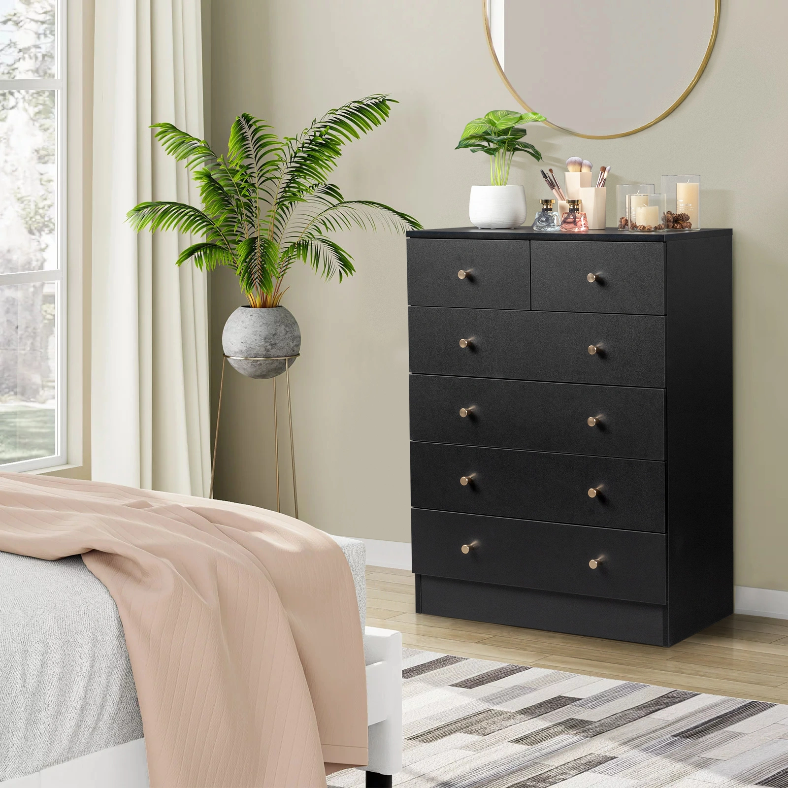 5-Tier 6-Drawer Dresser with Matte Gold Handles Particleboard + Textured Melamine Storage Cabinet 25.98*12.99*35.04in Black view 11