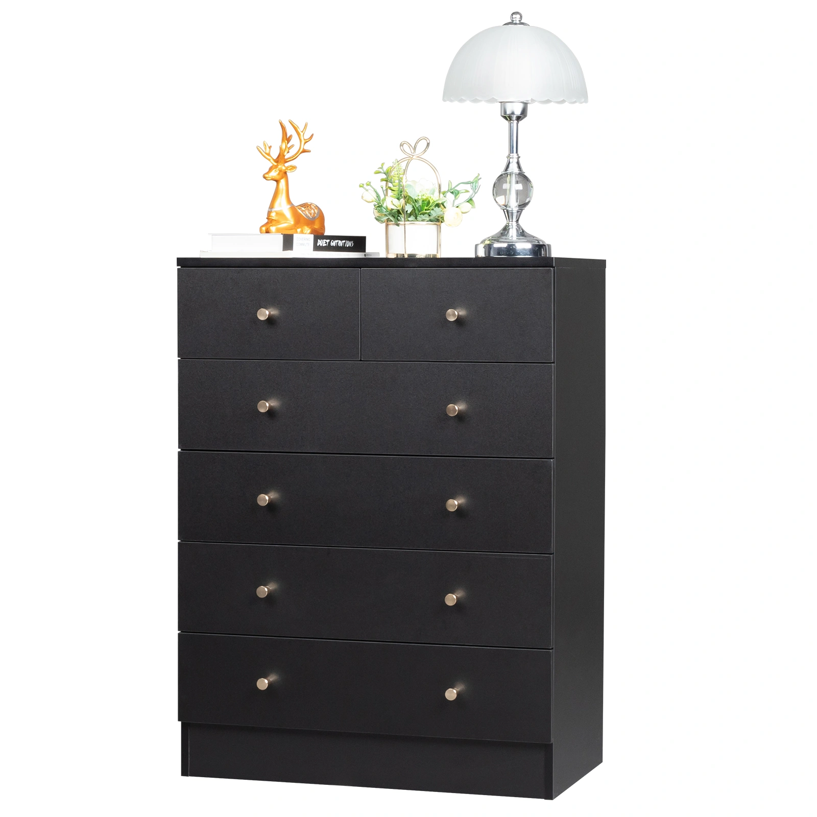 5-Tier 6-Drawer Dresser with Matte Gold Handles Particleboard + Textured Melamine Storage Cabinet 25.98*12.99*35.04in Black view 3