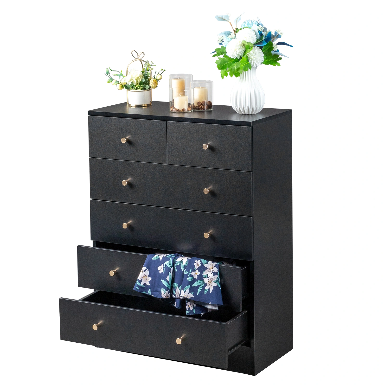 5-Tier 6-Drawer Dresser with Matte Gold Handles Particleboard + Textured Melamine Storage Cabinet 25.98*12.99*35.04in Black view 5