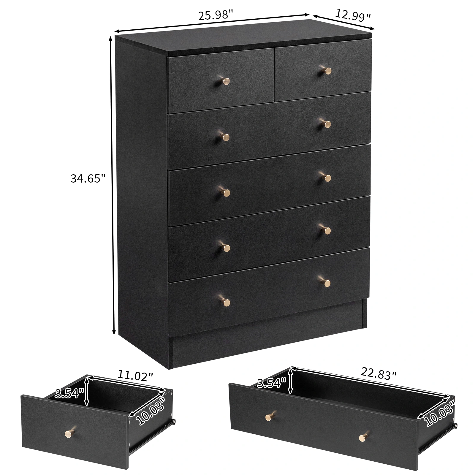 5-Tier 6-Drawer Dresser with Matte Gold Handles Particleboard + Textured Melamine Storage Cabinet 25.98*12.99*35.04in Black view 6