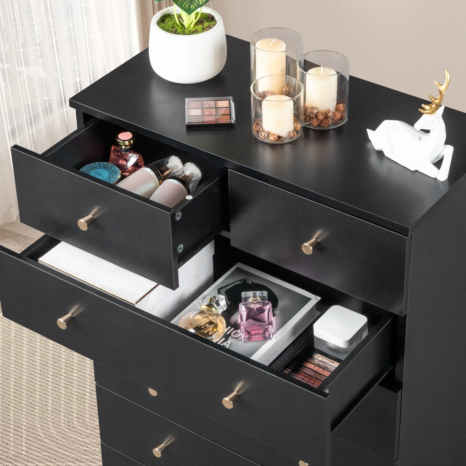 5-Tier 6-Drawer Dresser with Matte Gold Handles Particleboard + Textured Melamine Storage Cabinet 25.98*12.99*35.04in Black view 7