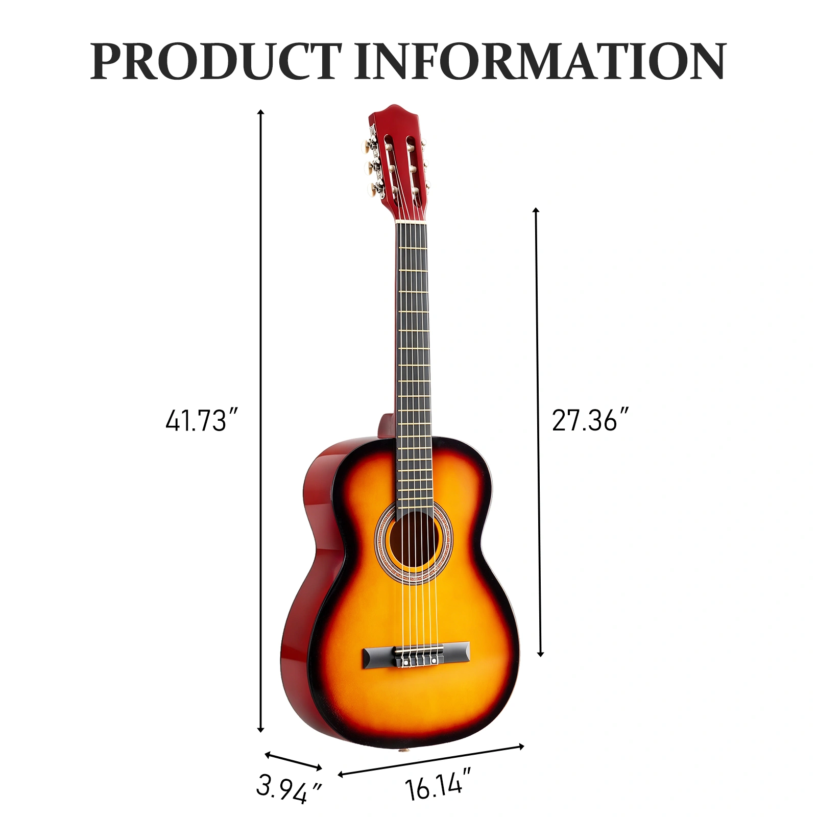 39 Inch Basswood Classical Folk Guitar in Sunset Color with Gig Bag, Spare Strings, Picks, Capo, Tuner & Strap view 2