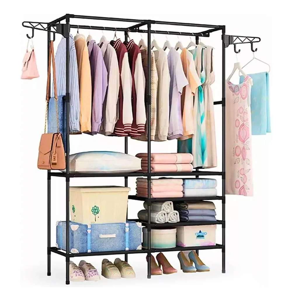 Double Rod Clothes Rack with 6 Shelves & 2 Hanging Hooks, Heavy Duty Steel Pipe Garment Rack for Entryway Bedroom Corner view 2