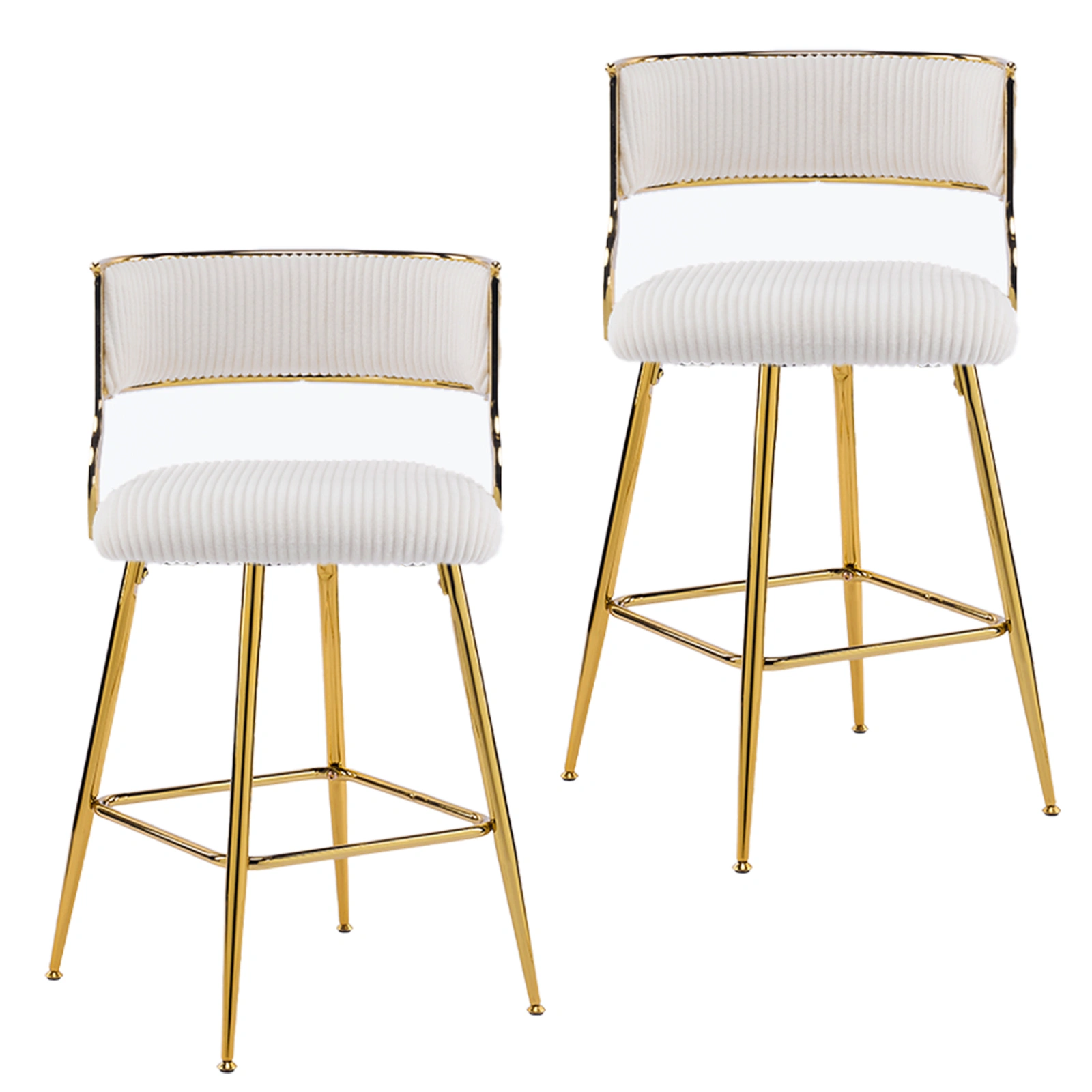 2PCS Beige Corduroy Bar Stools with Thick Padded Seat & Gold Plated Iron Legs view 2