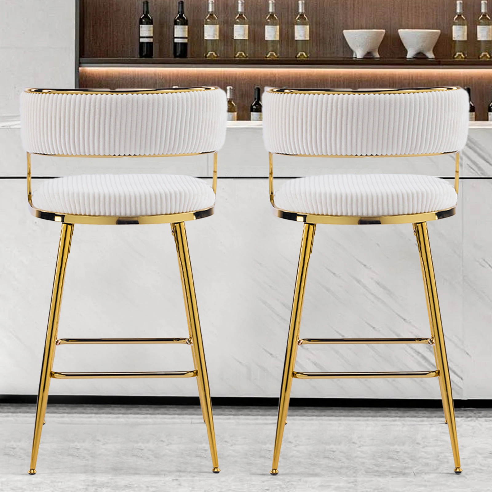 2PCS Beige Corduroy Bar Stools with Thick Padded Seat & Gold Plated Iron Legs view 3