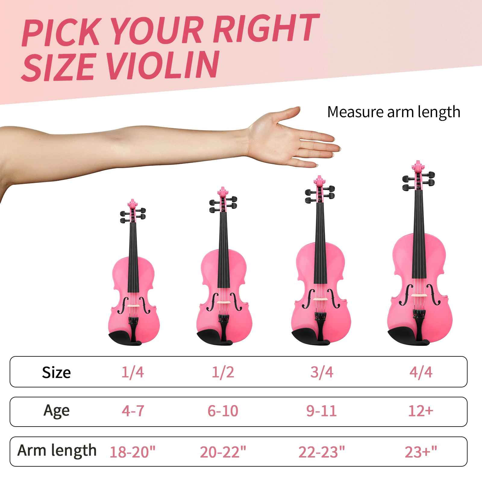 New 1/4 Acoustic Violin Case Bow Rosin Pink view 15