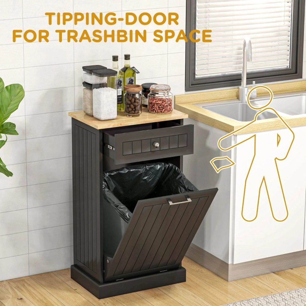 Kitchen Tilt Out Trash Bin Cabinet Free Standing Recycling Cabinet Trash Can Holder With Drawer, Black-AS ( Amazon Shipping)(Prohibited by WalMart)
