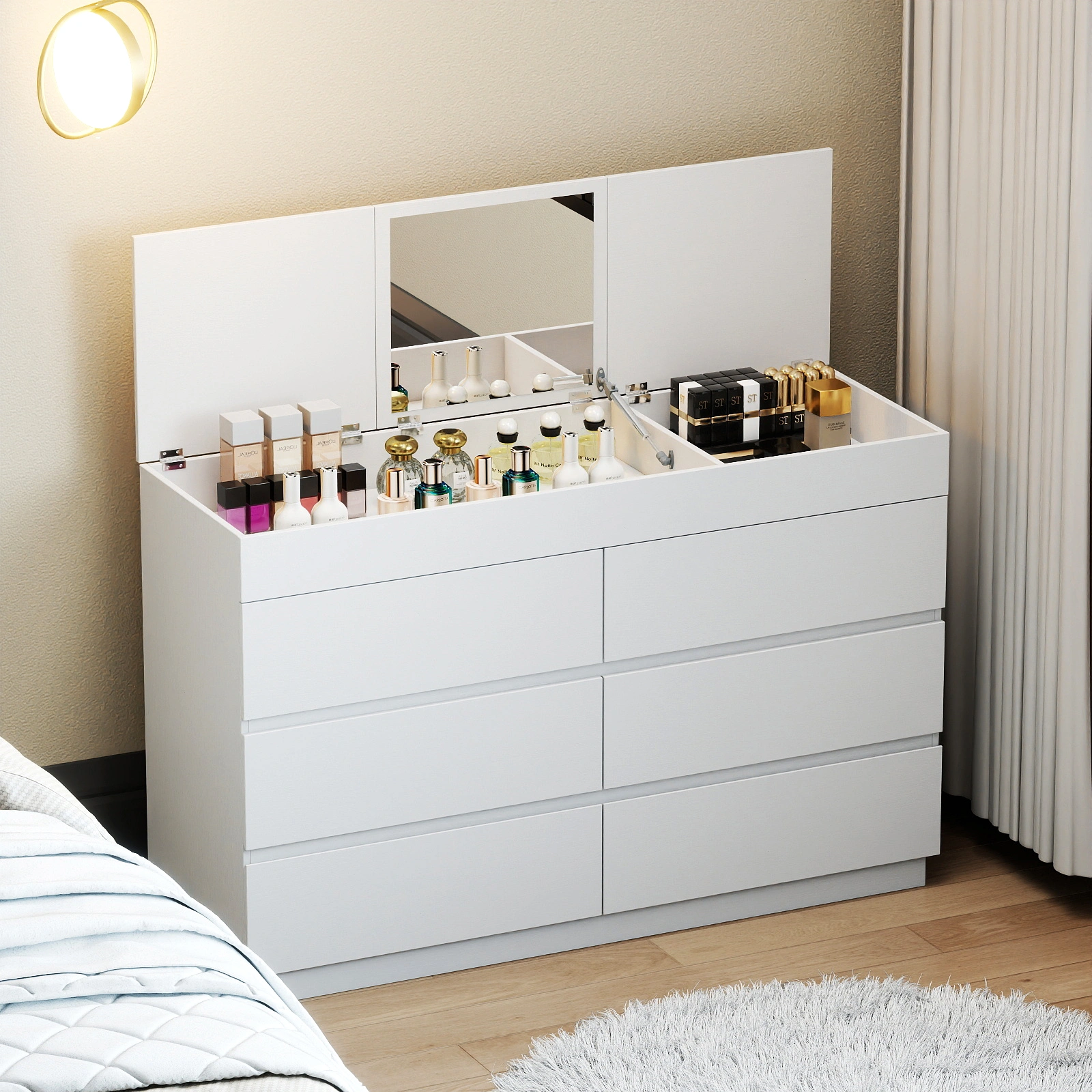 White embossed P2 12mm particleboard with melamine veneer, 120*40*85.5cm, six-drawer cabinet with mirror view 2